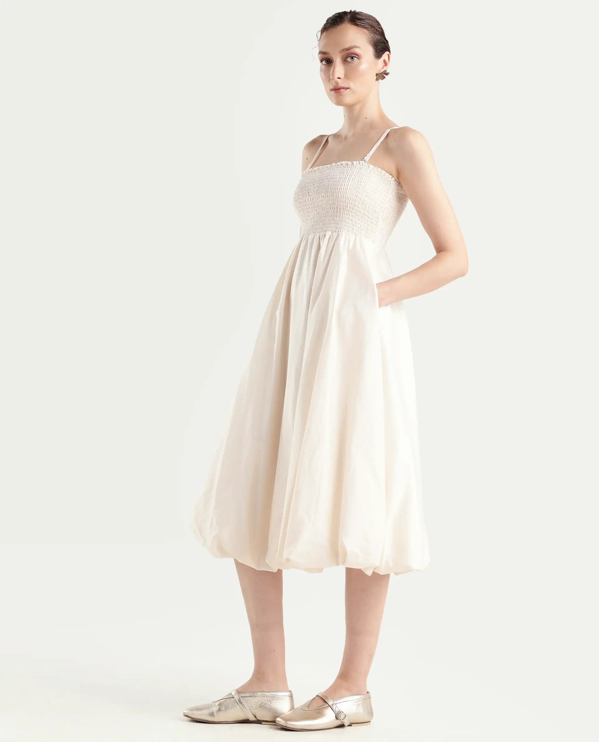 Rareism Women's Oligue Beige Cotton Shoulder Strap Plain Shoulder Strap Midi Fit And Flare Dress