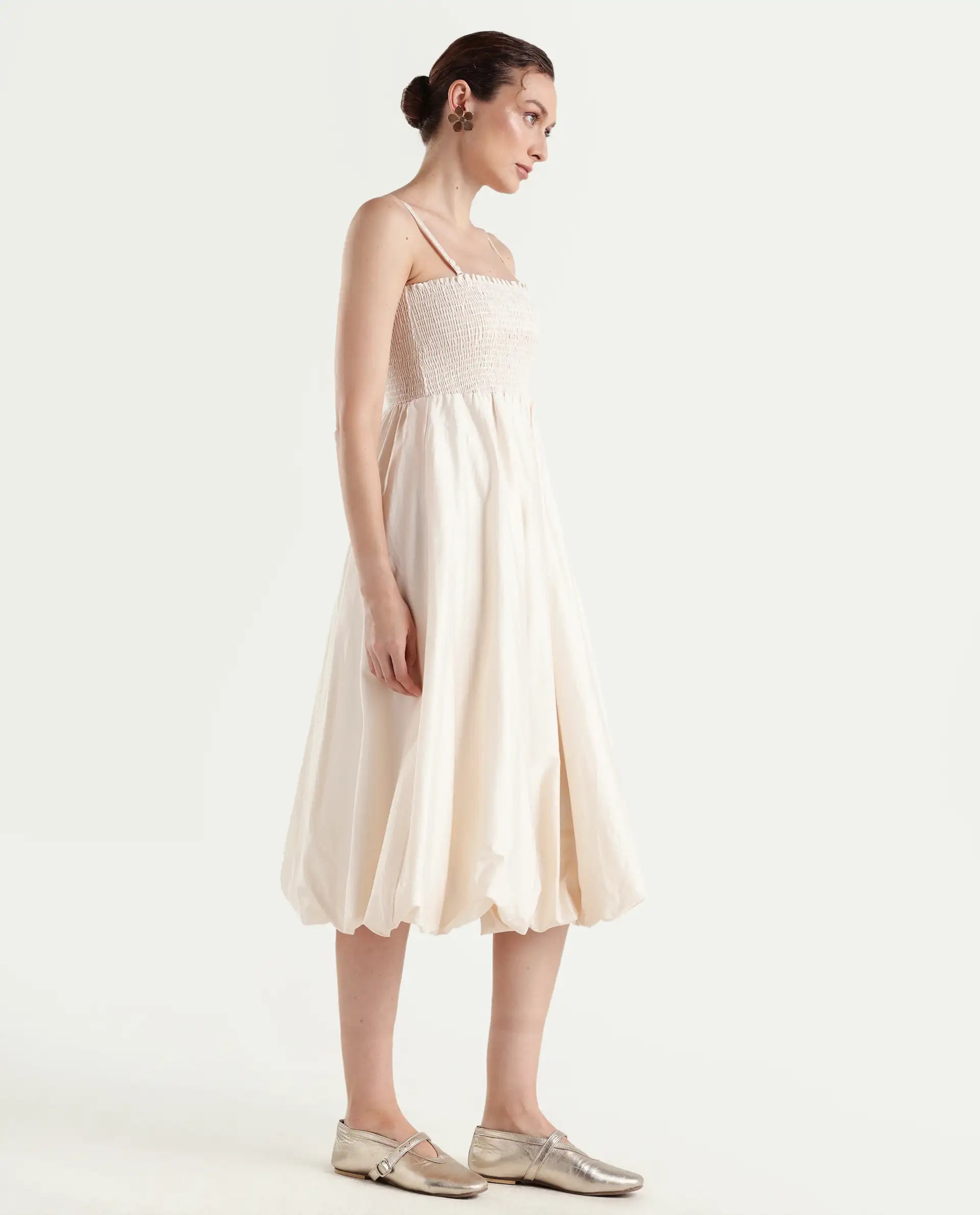 Rareism Women's Oligue Beige Cotton Shoulder Strap Plain Shoulder Strap Midi Fit And Flare Dress
