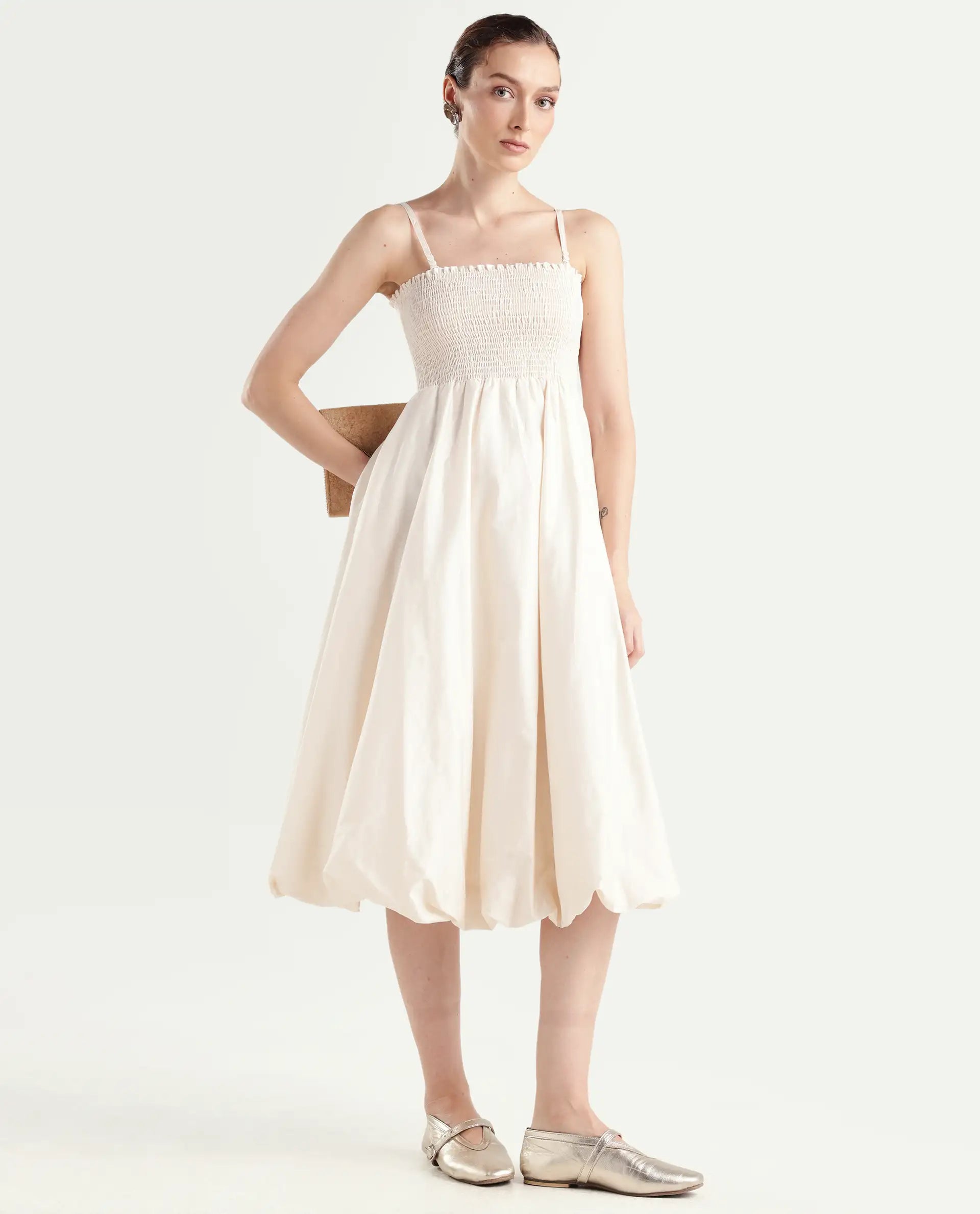 Rareism Women's Oligue Beige Cotton Shoulder Strap Plain Shoulder Strap Midi Fit And Flare Dress