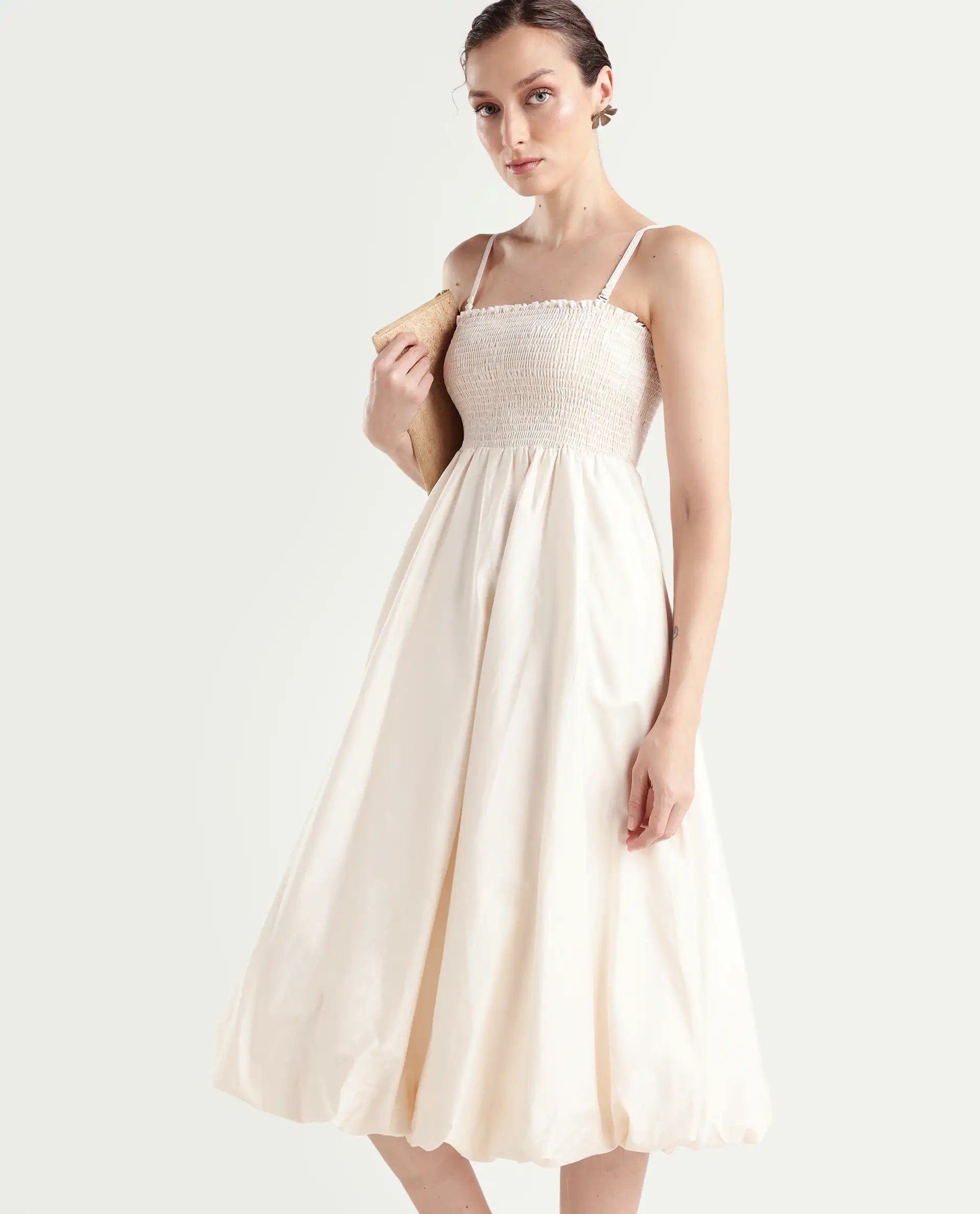 Rareism Women's Oligue Beige Cotton Shoulder Strap Plain Shoulder Strap Midi Fit And Flare Dress