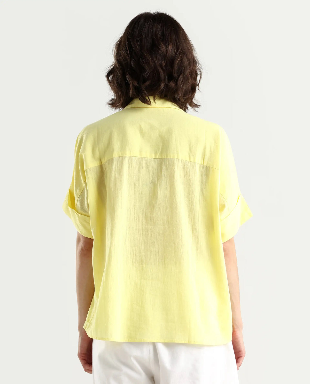 Rareism Women's Azzure Yellow Cotton Drop Collar Plain Extended Sleeves Boxy Fit Top