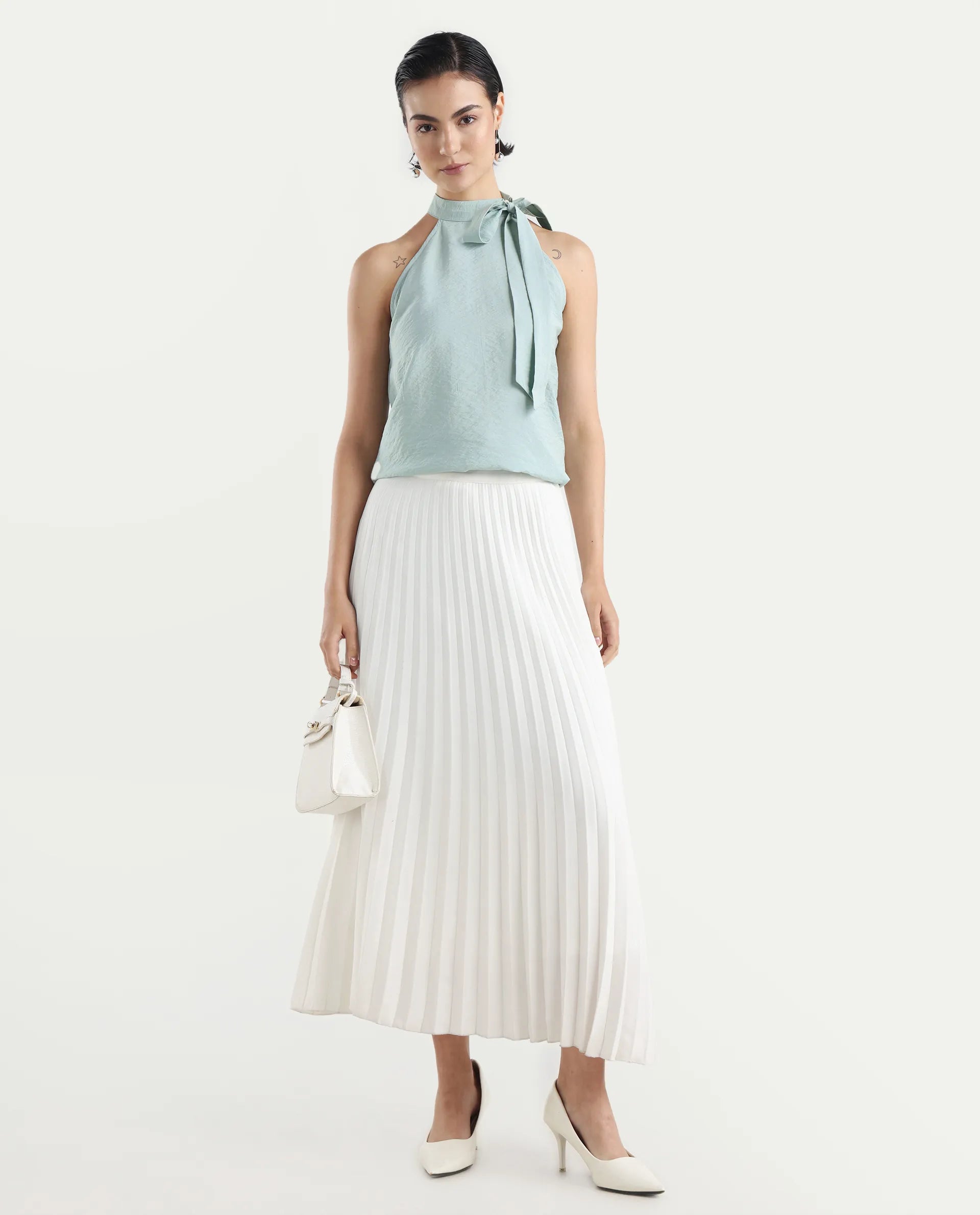 Rareism Women's Pinnacle Green Viscose Blend Halter Neck Plain Sleeveless Regular Fit Top