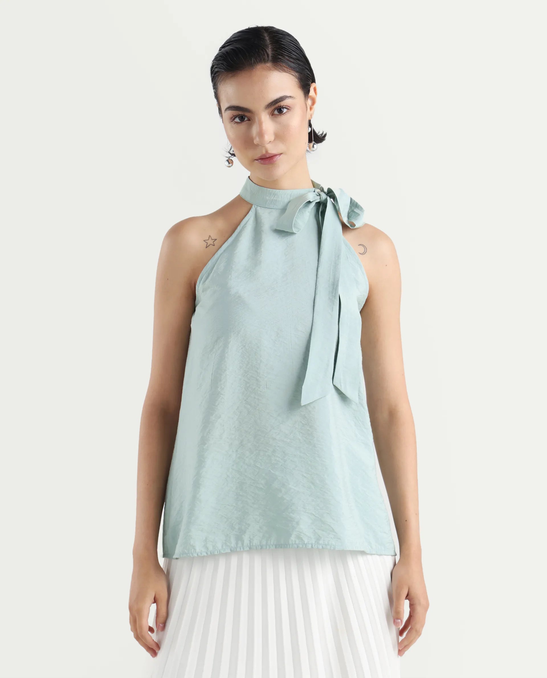 Rareism Women's Pinnacle Green Viscose Blend Halter Neck Plain Sleeveless Regular Fit Top