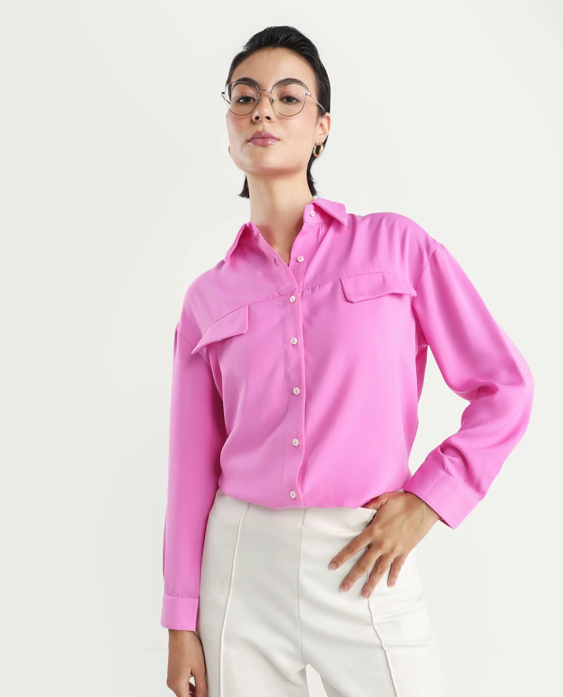 Rareism Women's Sergey-T Pink Polyester Drop Collar Plain Cuffed Sleeve Regular Fit Top