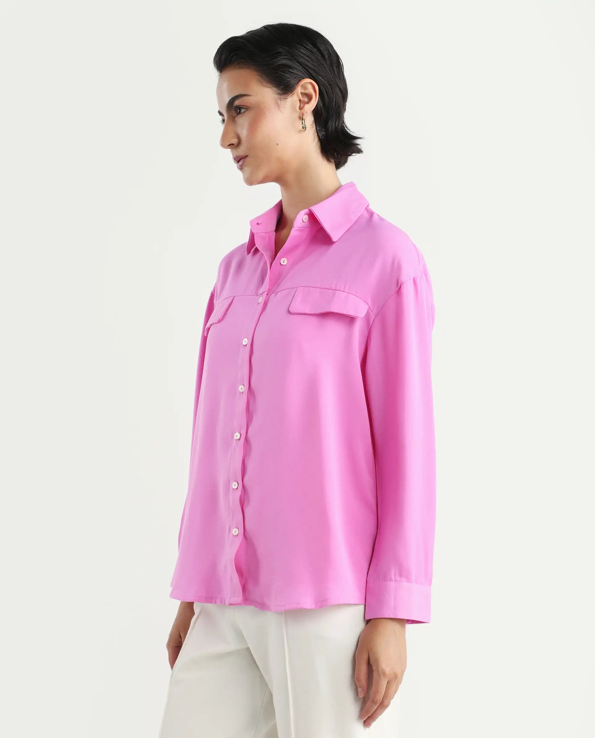 Rareism Women's Sergey-T Pink Polyester Drop Collar Plain Cuffed Sleeve Regular Fit Top