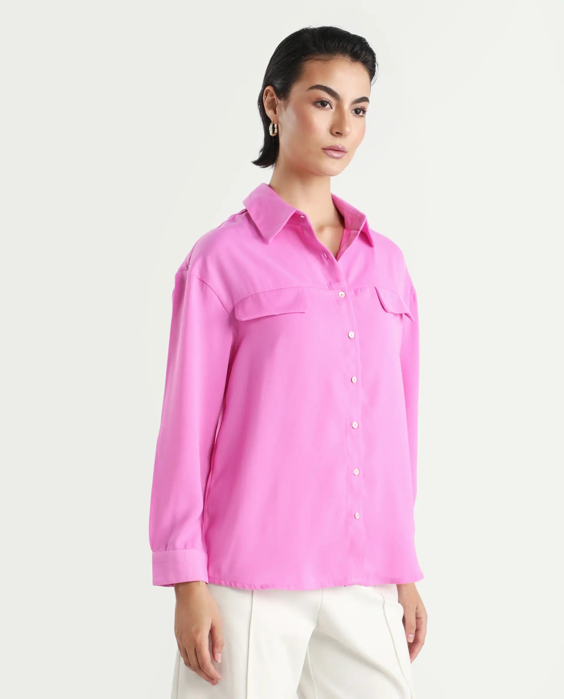 Rareism Women's Sergey-T Pink Polyester Drop Collar Plain Cuffed Sleeve Regular Fit Top