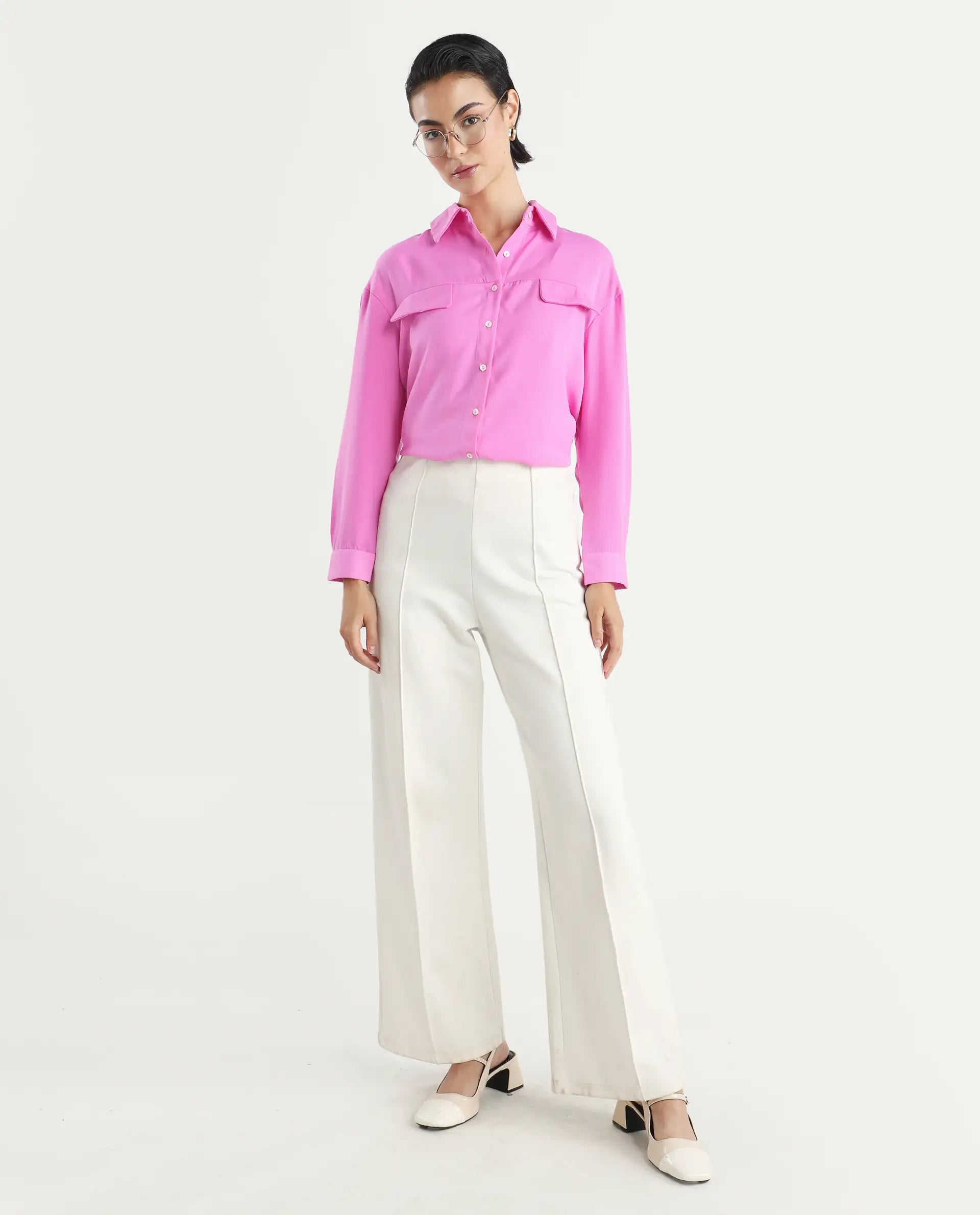 Rareism Women's Sergey-T Pink Polyester Drop Collar Plain Cuffed Sleeve Regular Fit Top