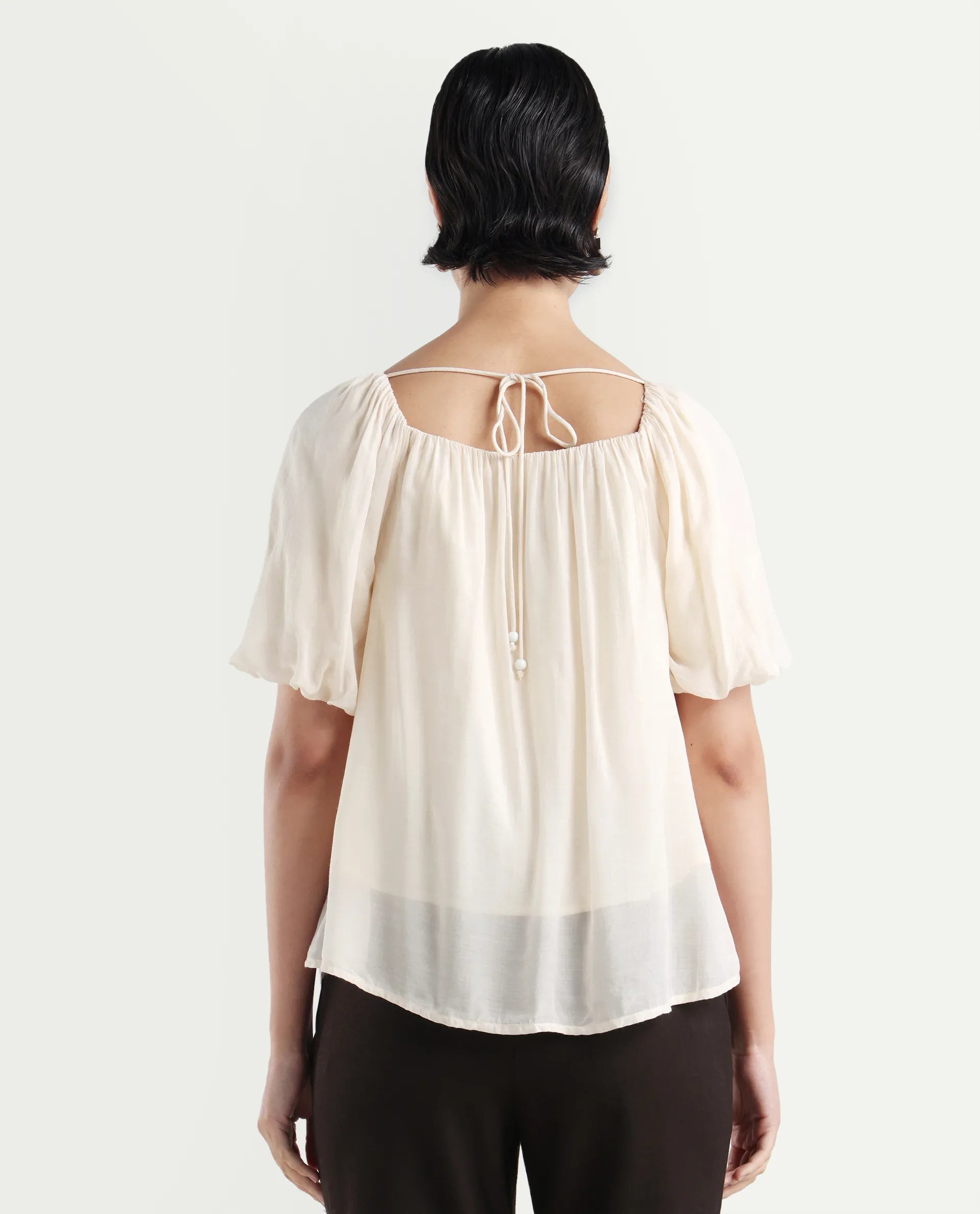 Rareism Women's Yelan Beige Square Neck Plain Balloon Sleeve Relaxed Fit Top