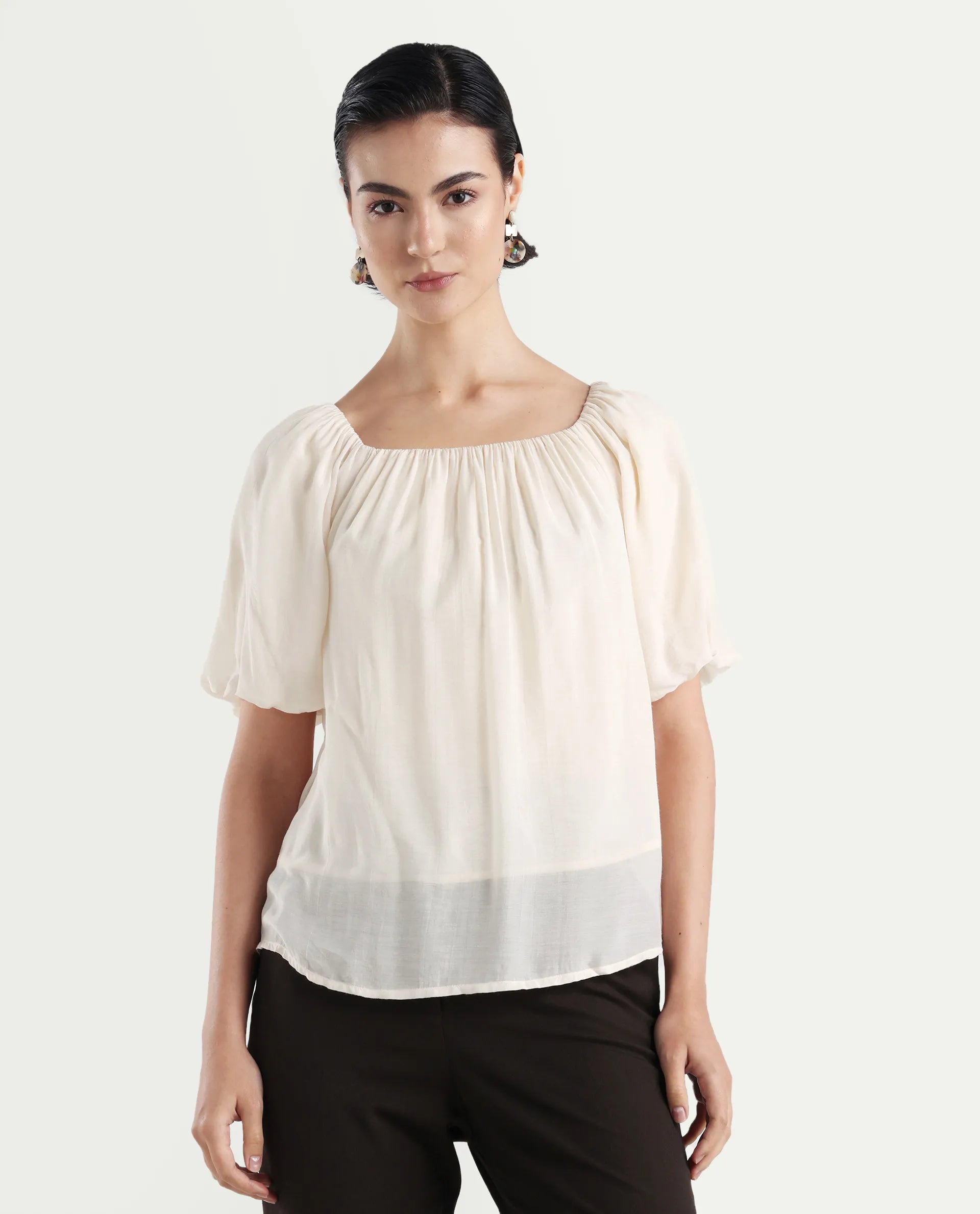 Rareism Women's Yelan Beige Square Neck Plain Balloon Sleeve Relaxed Fit Top