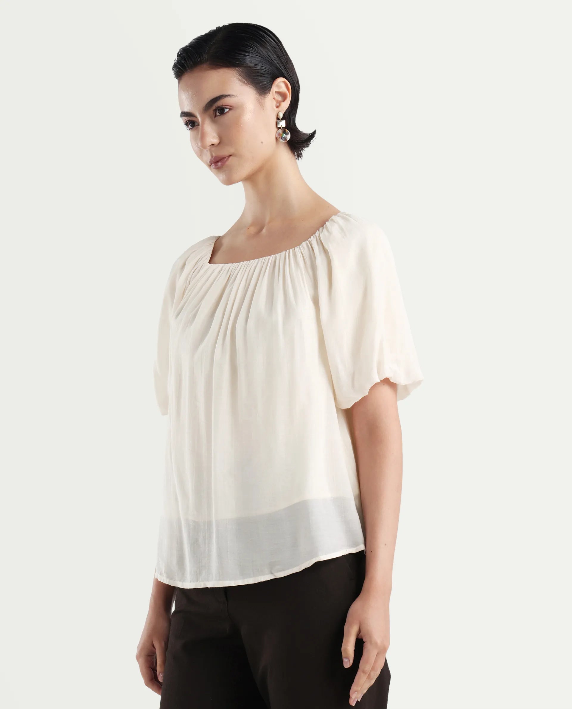 Rareism Women's Yelan Beige Square Neck Plain Balloon Sleeve Relaxed Fit Top