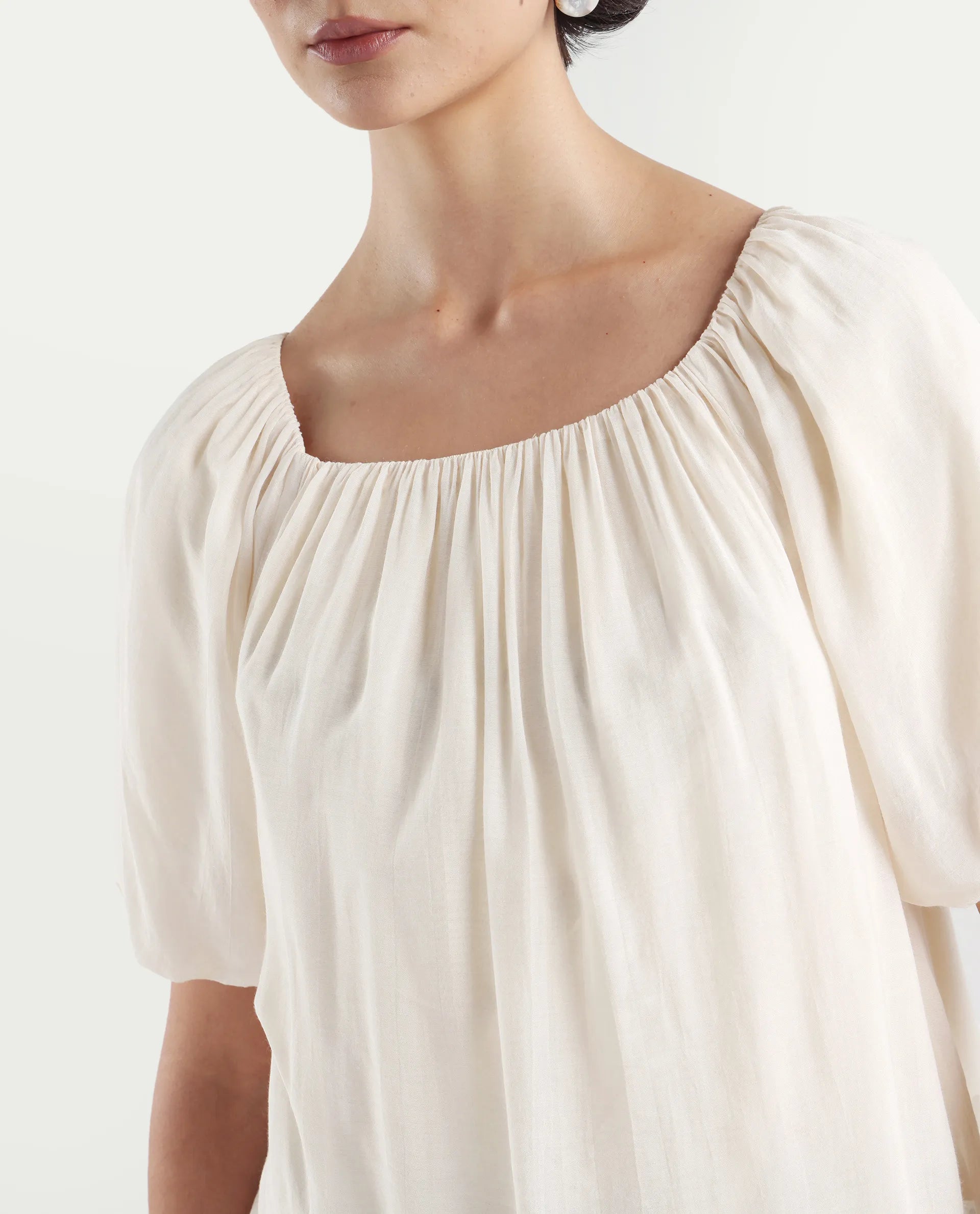 Rareism Women's Yelan Beige Square Neck Plain Balloon Sleeve Relaxed Fit Top