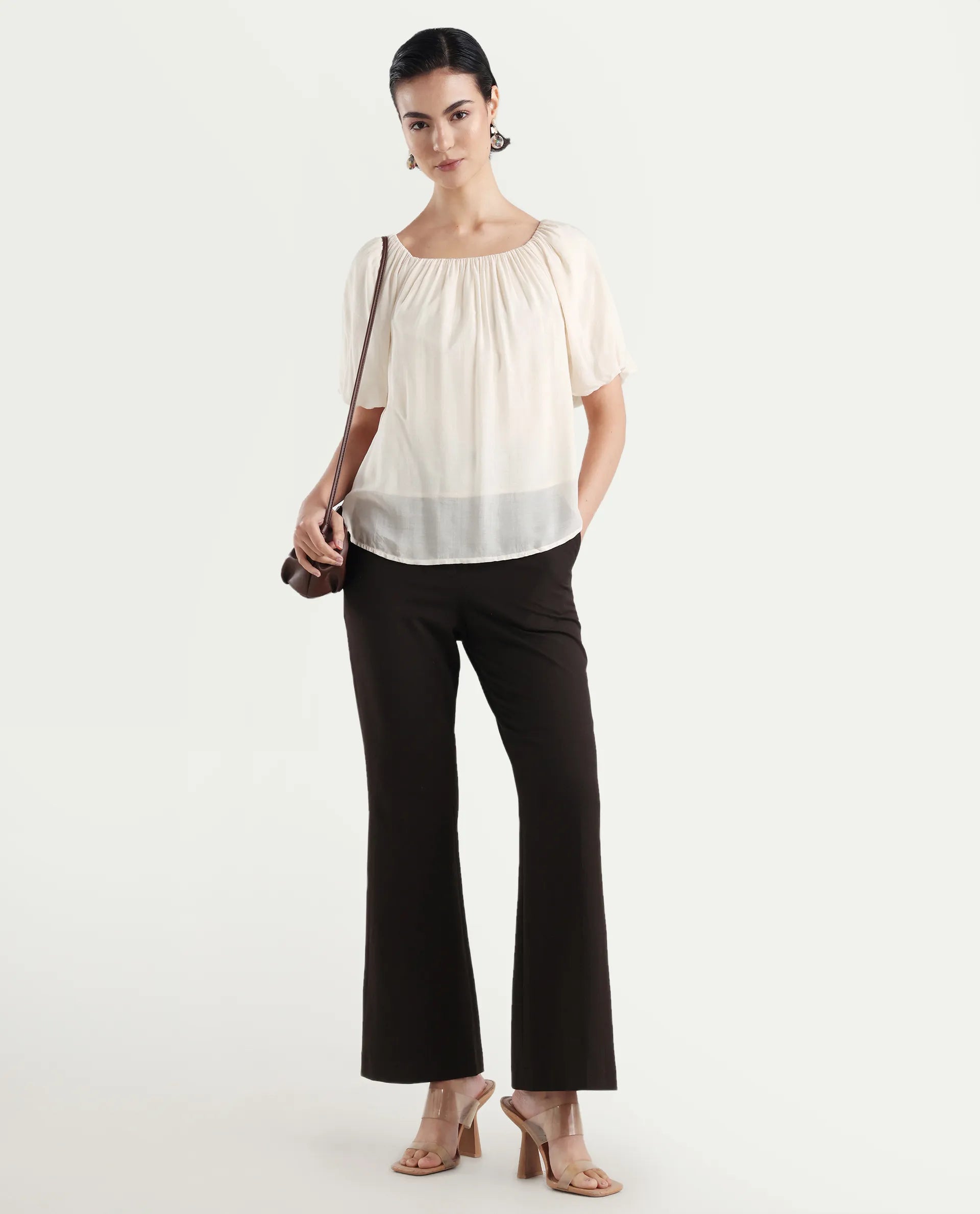 Rareism Women's Yelan Beige Square Neck Plain Balloon Sleeve Relaxed Fit Top