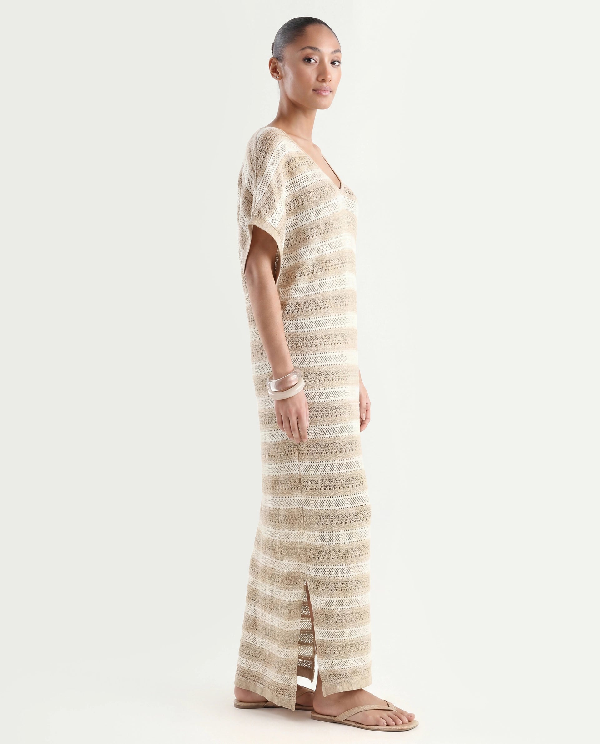 Rareism Women's Haraya Beige Cotton V-Neck Striped Extended Sleeves Maxi Relaxed Fit Dress
