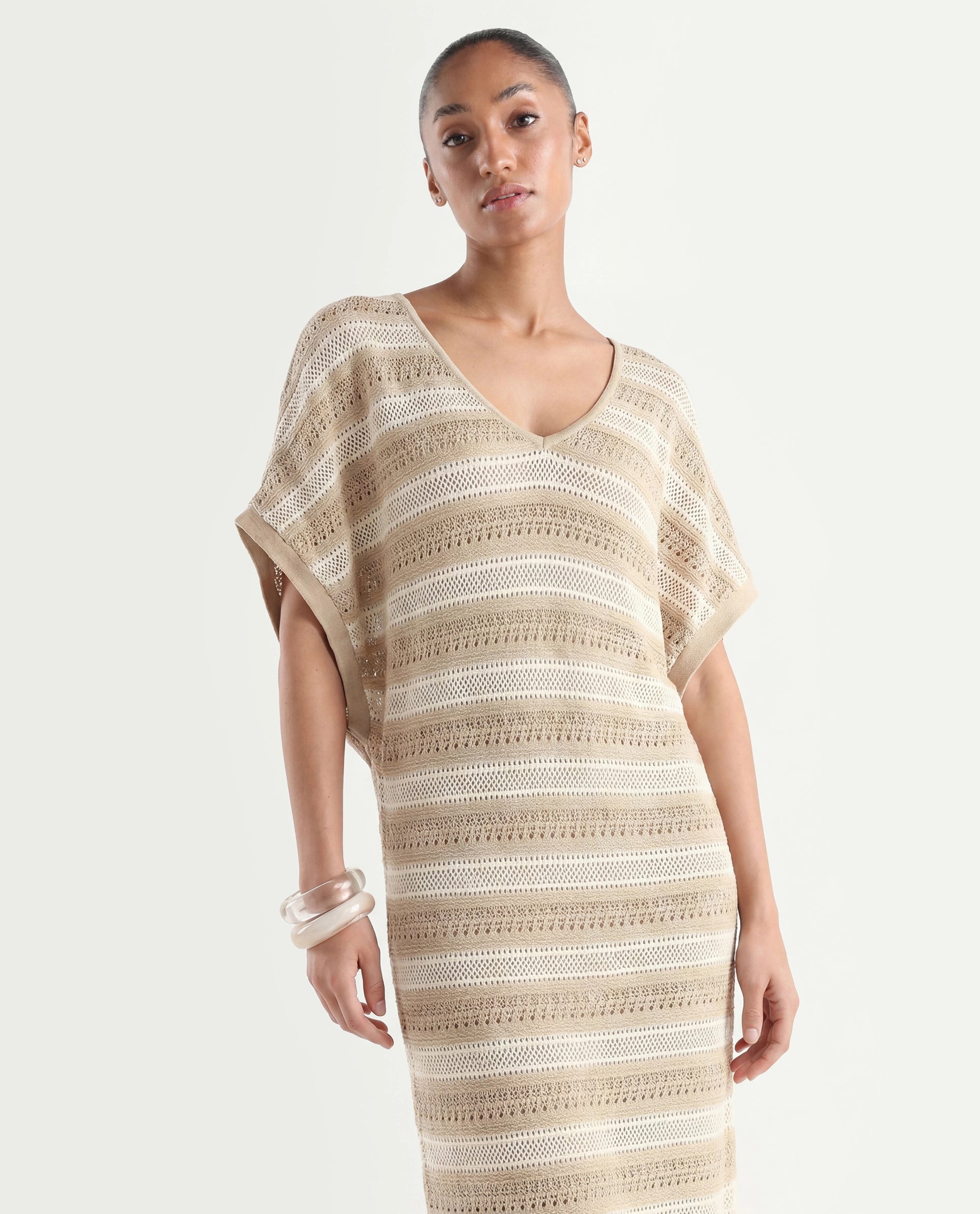 Rareism Women's Haraya Beige Cotton V-Neck Striped Extended Sleeves Maxi Relaxed Fit Dress