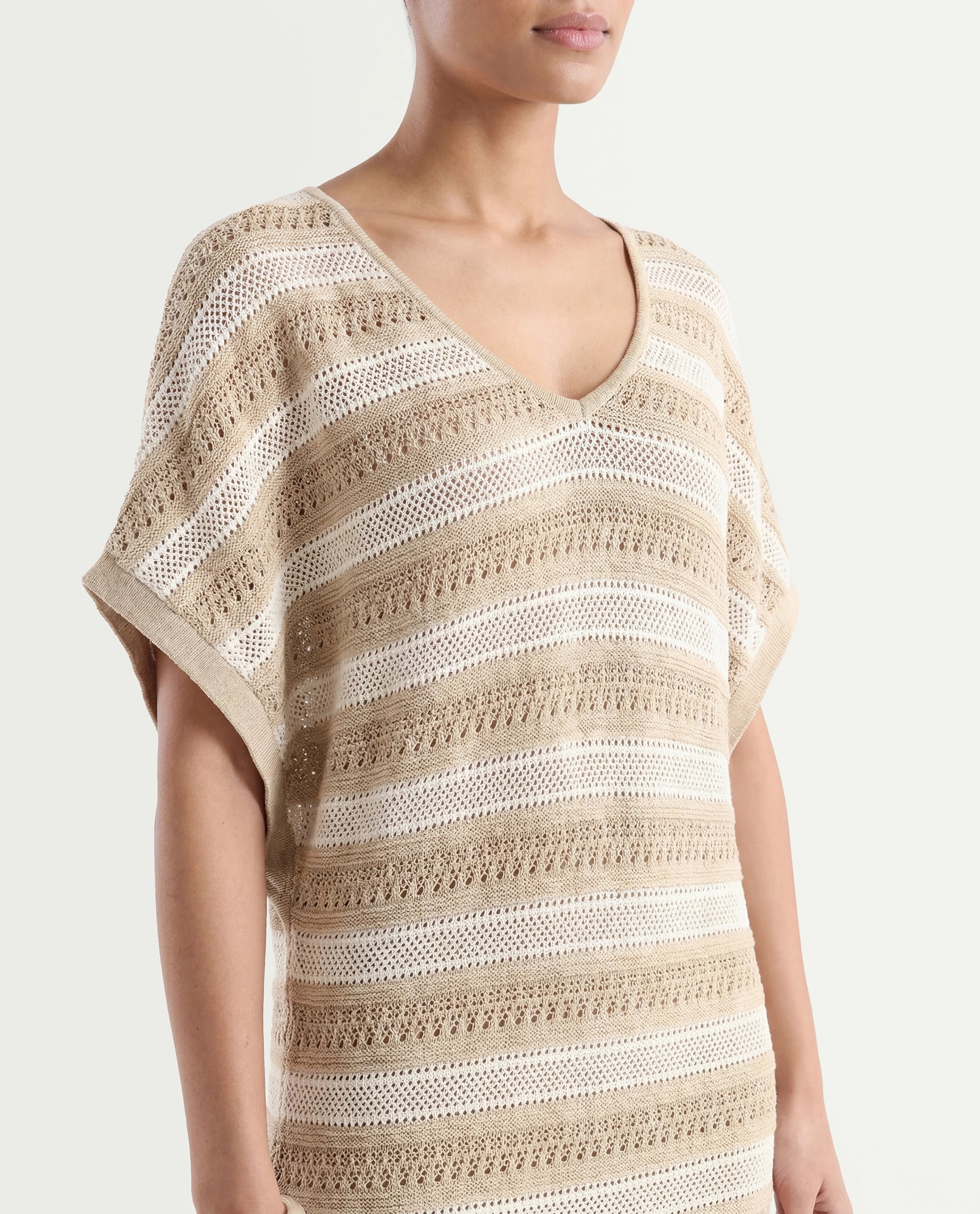 Rareism Women's Haraya Beige Cotton V-Neck Striped Extended Sleeves Maxi Relaxed Fit Dress