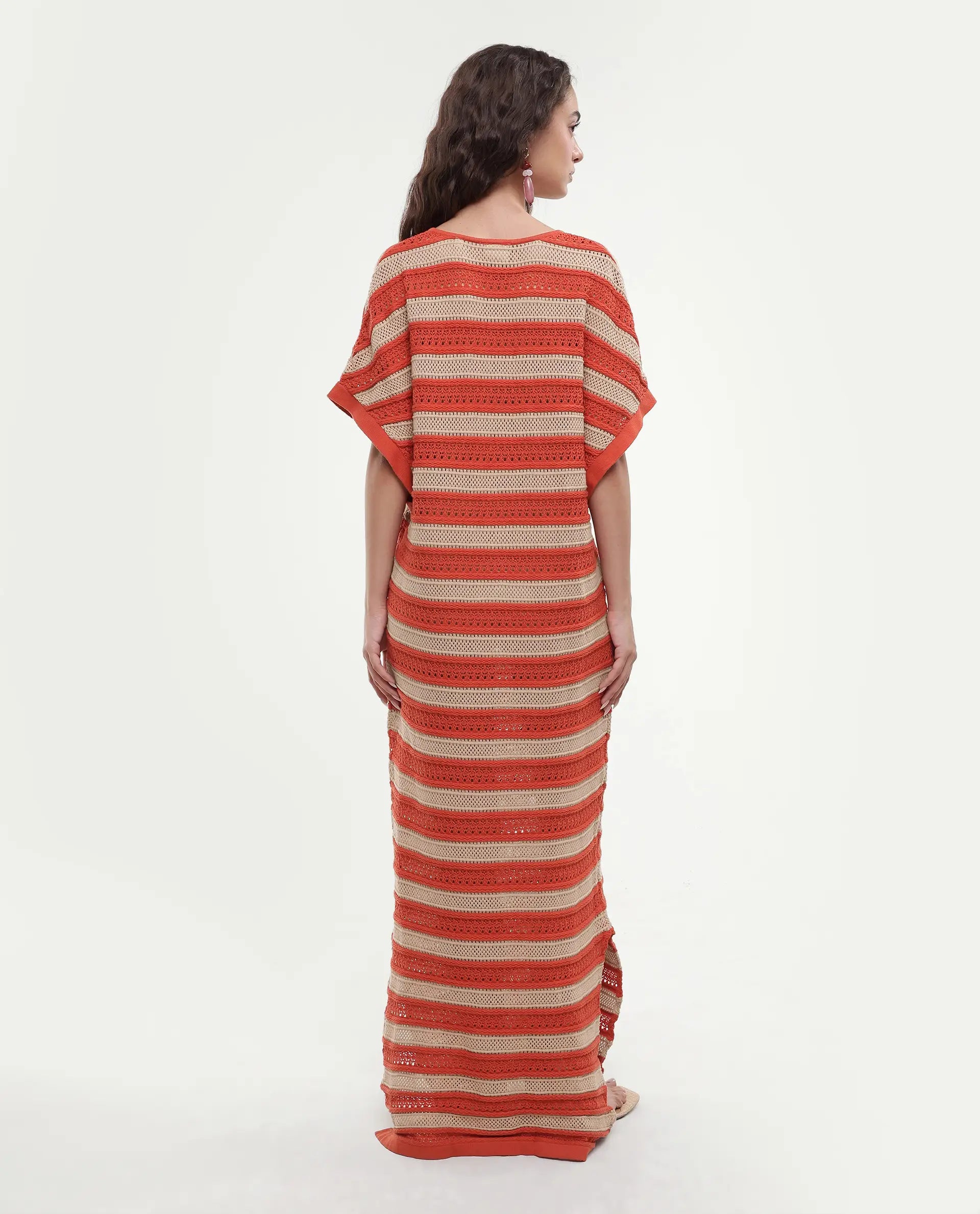 Rareism Women's Haraya Orange Cotton V-Neck Striped Extended Sleeves Maxi Relaxed Fit Dress
