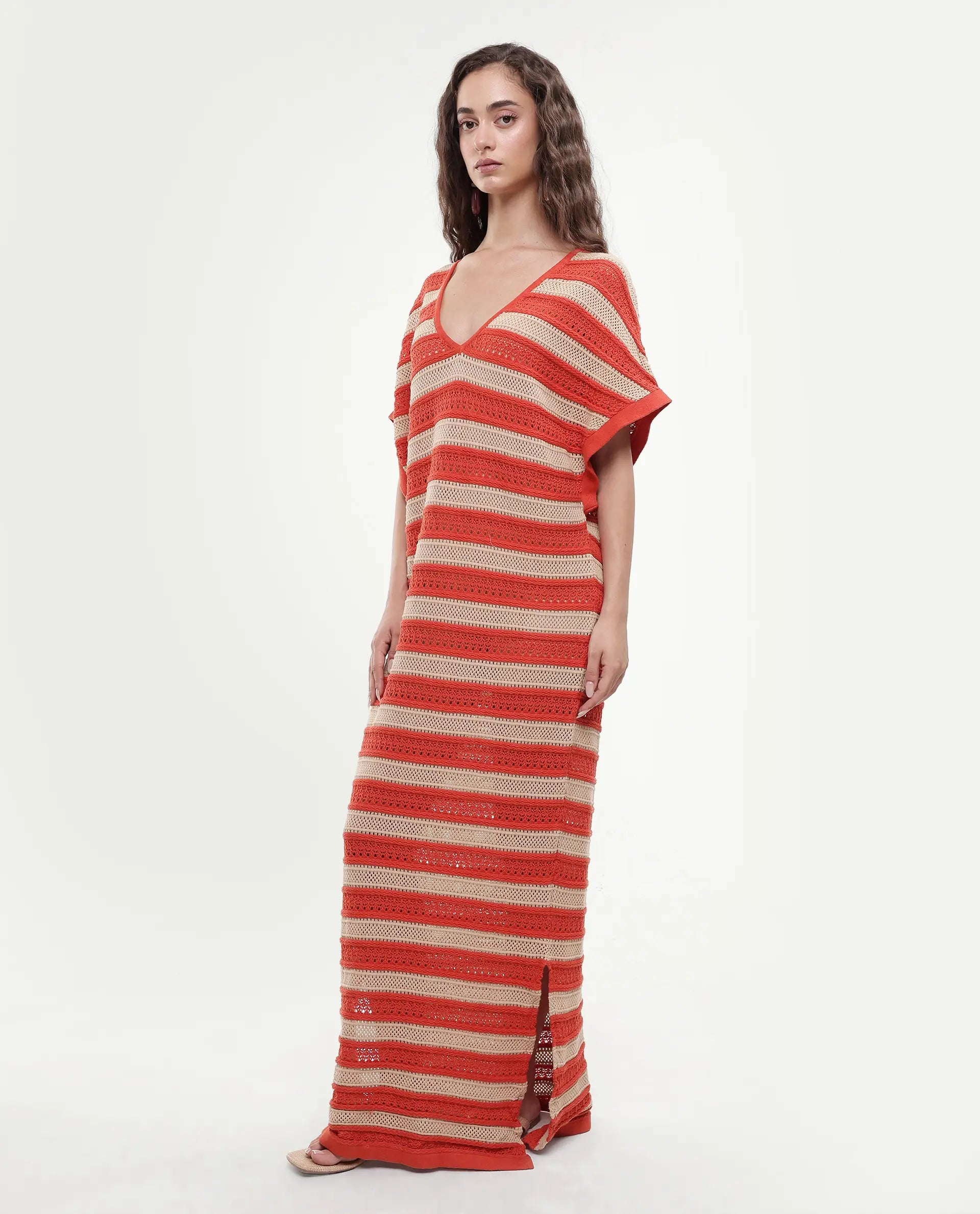 Rareism Women's Haraya Orange Cotton V-Neck Striped Extended Sleeves Maxi Relaxed Fit Dress