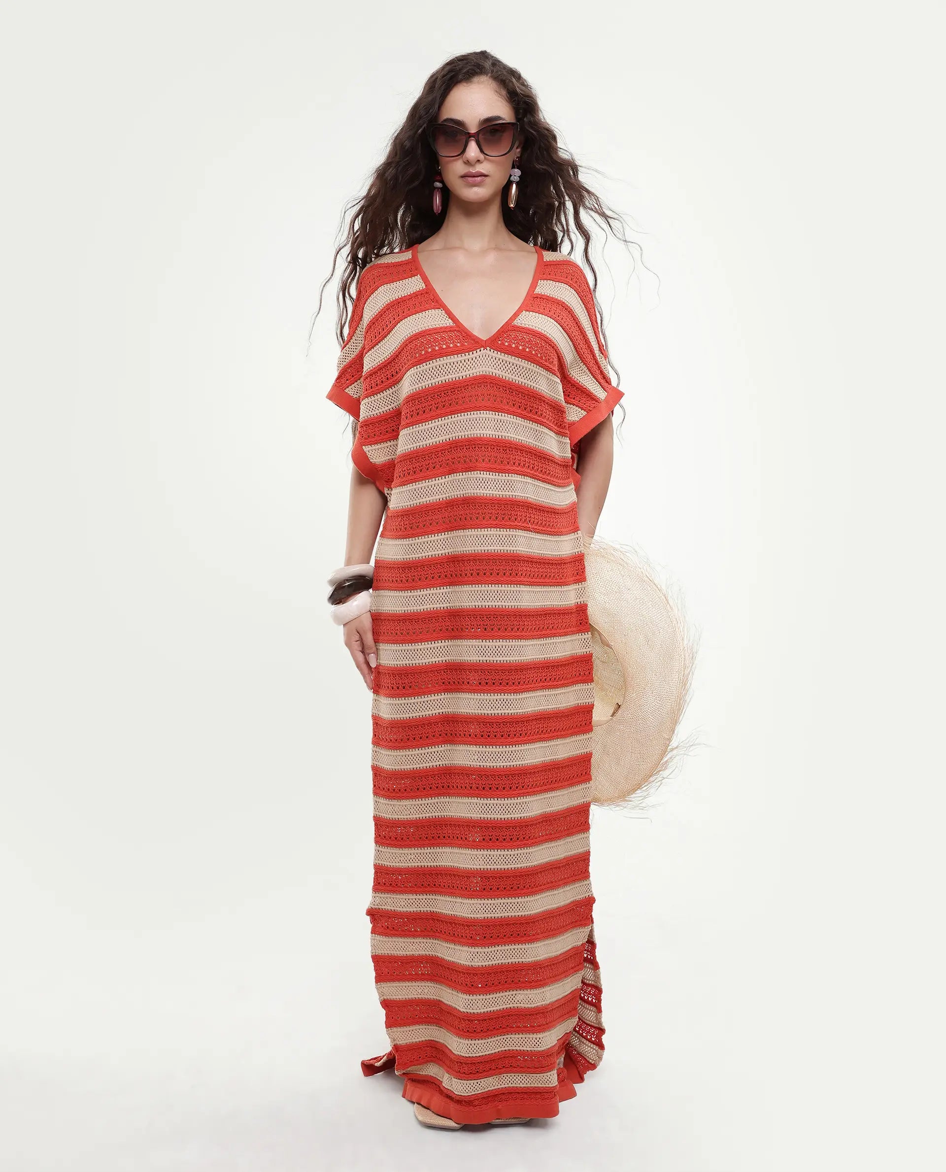 Rareism Women's Haraya Orange Cotton V-Neck Striped Extended Sleeves Maxi Relaxed Fit Dress