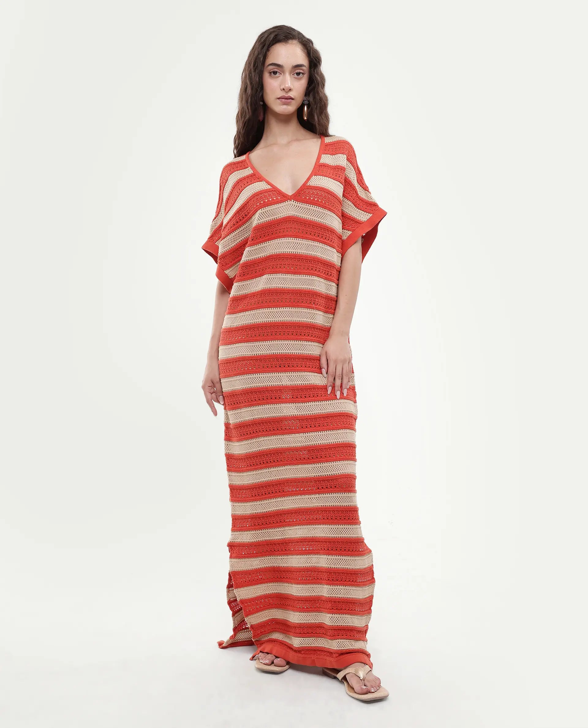 Rareism Women's Haraya Orange Cotton V-Neck Striped Extended Sleeves Maxi Relaxed Fit Dress