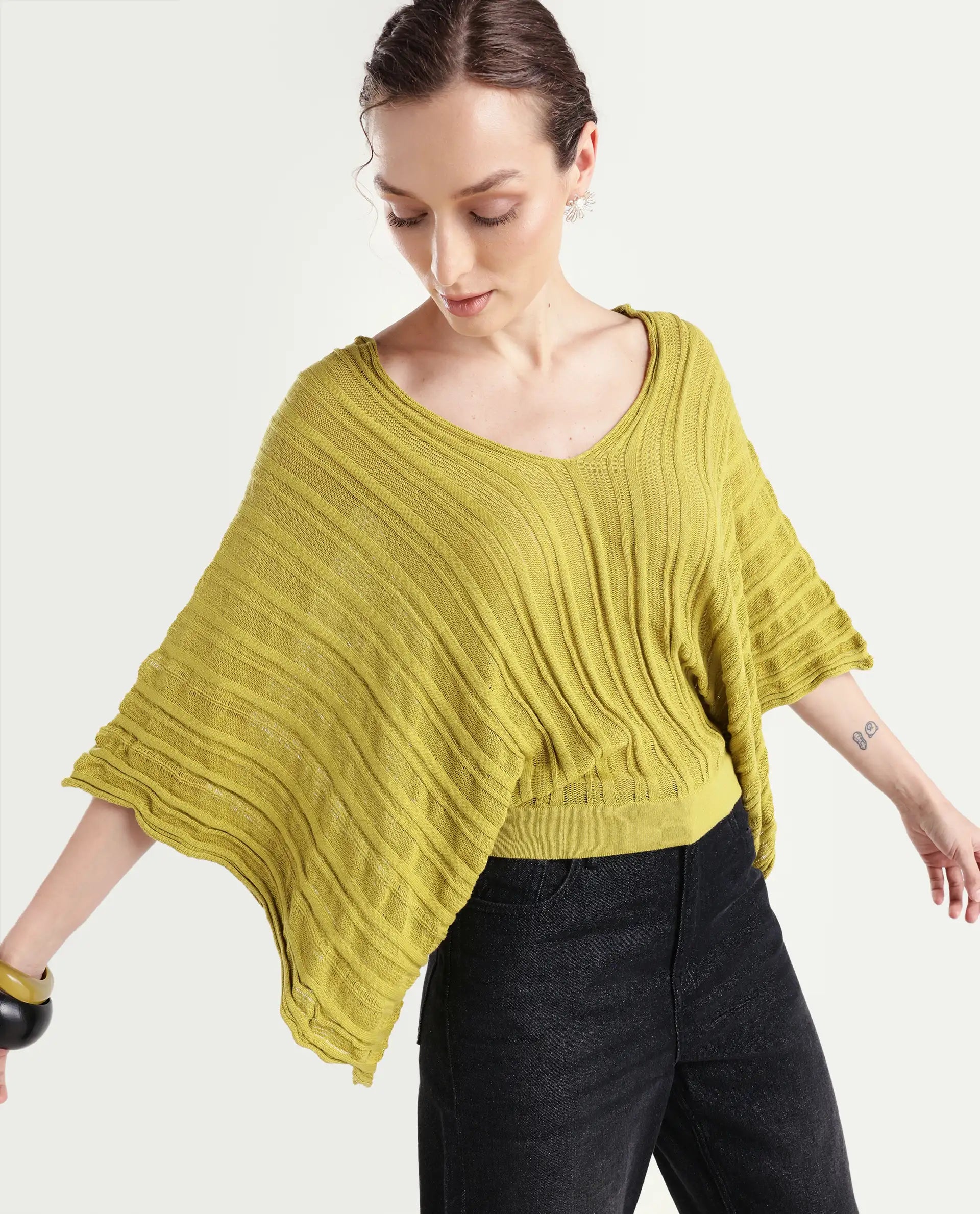 Rareism Women's Marida Olive Cotton V-Neck Plain Extended Sleeves Relaxed Fit Top