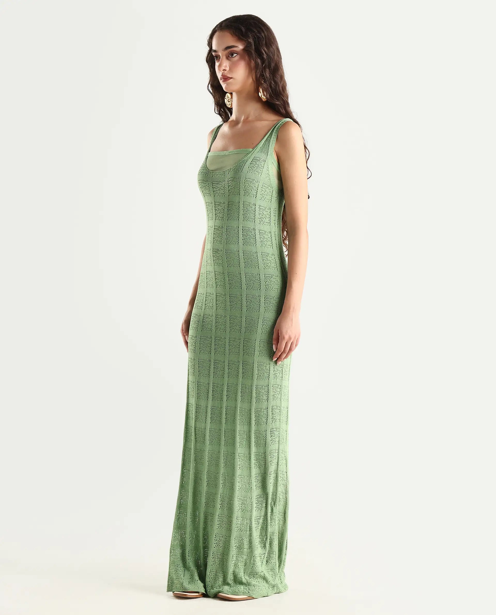 Rareism Women's Majoka Pastel Green Viscose U-Neck Plain Sleeveless Maxi Bodycon Dress