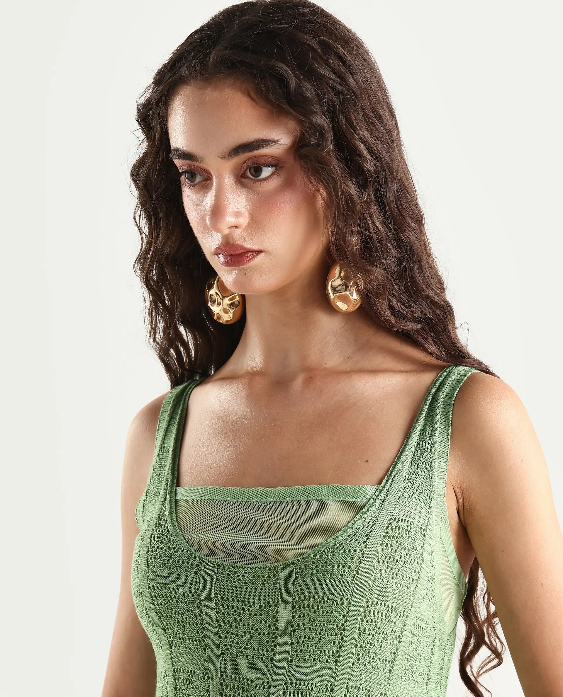 Rareism Women's Majoka Pastel Green Viscose U-Neck Plain Sleeveless Maxi Bodycon Dress