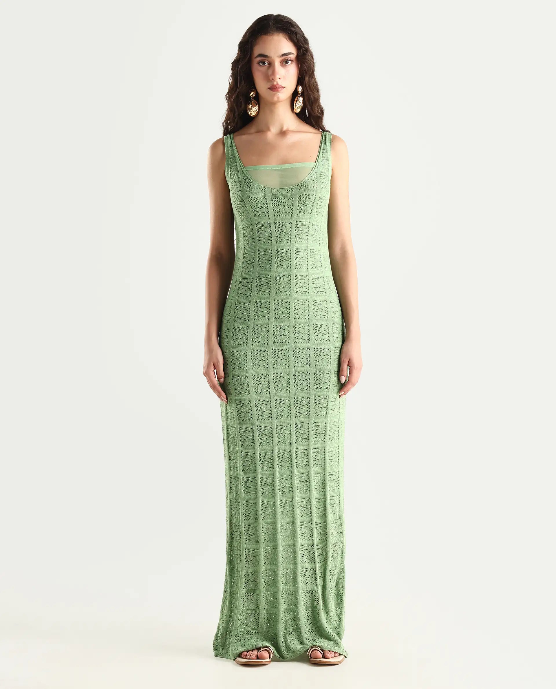 Rareism Women's Majoka Pastel Green Viscose U-Neck Plain Sleeveless Maxi Bodycon Dress