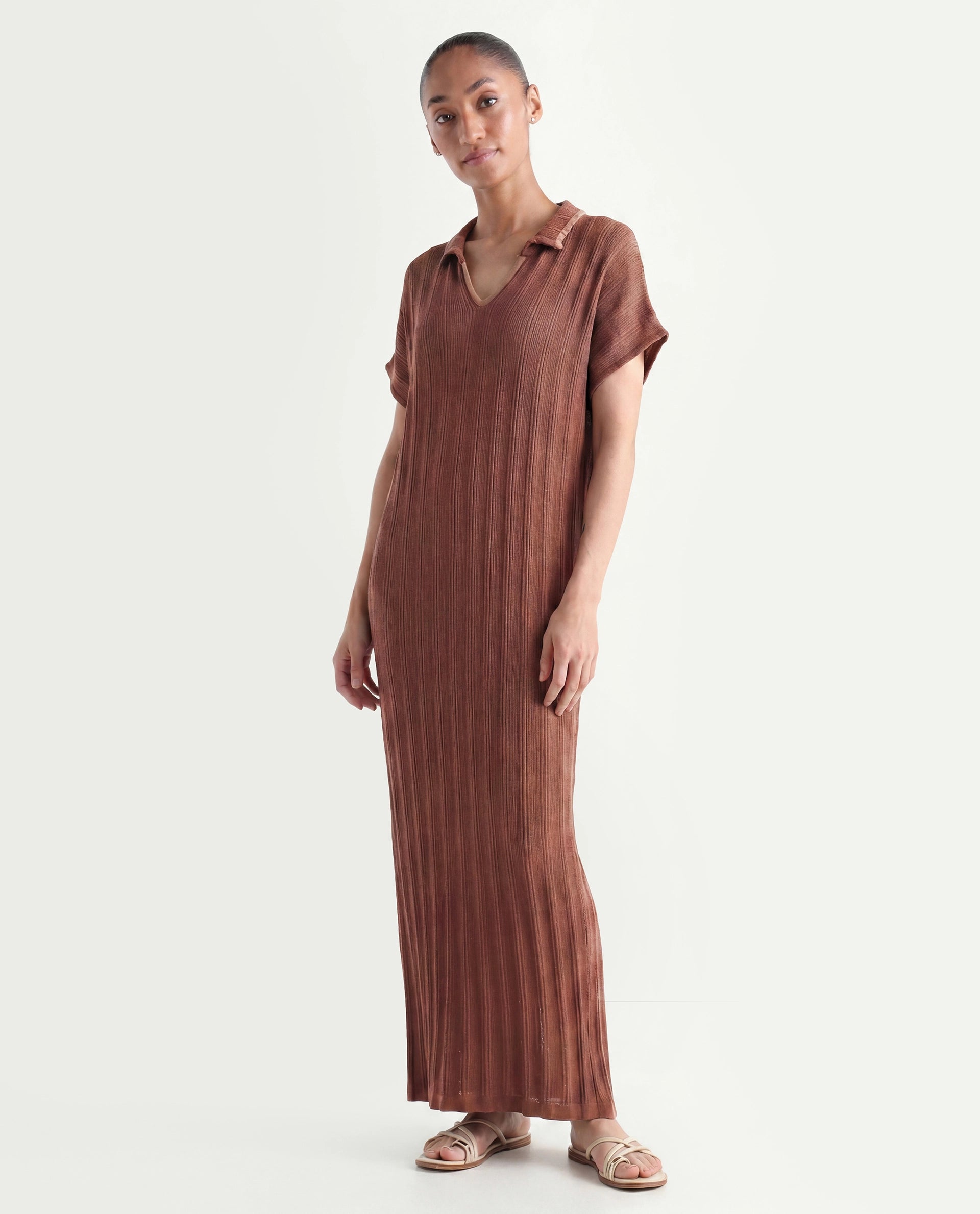 Rareism Women's Meyora Brown Cotton V-Neck Striped Maxi Relaxed Fit Dress