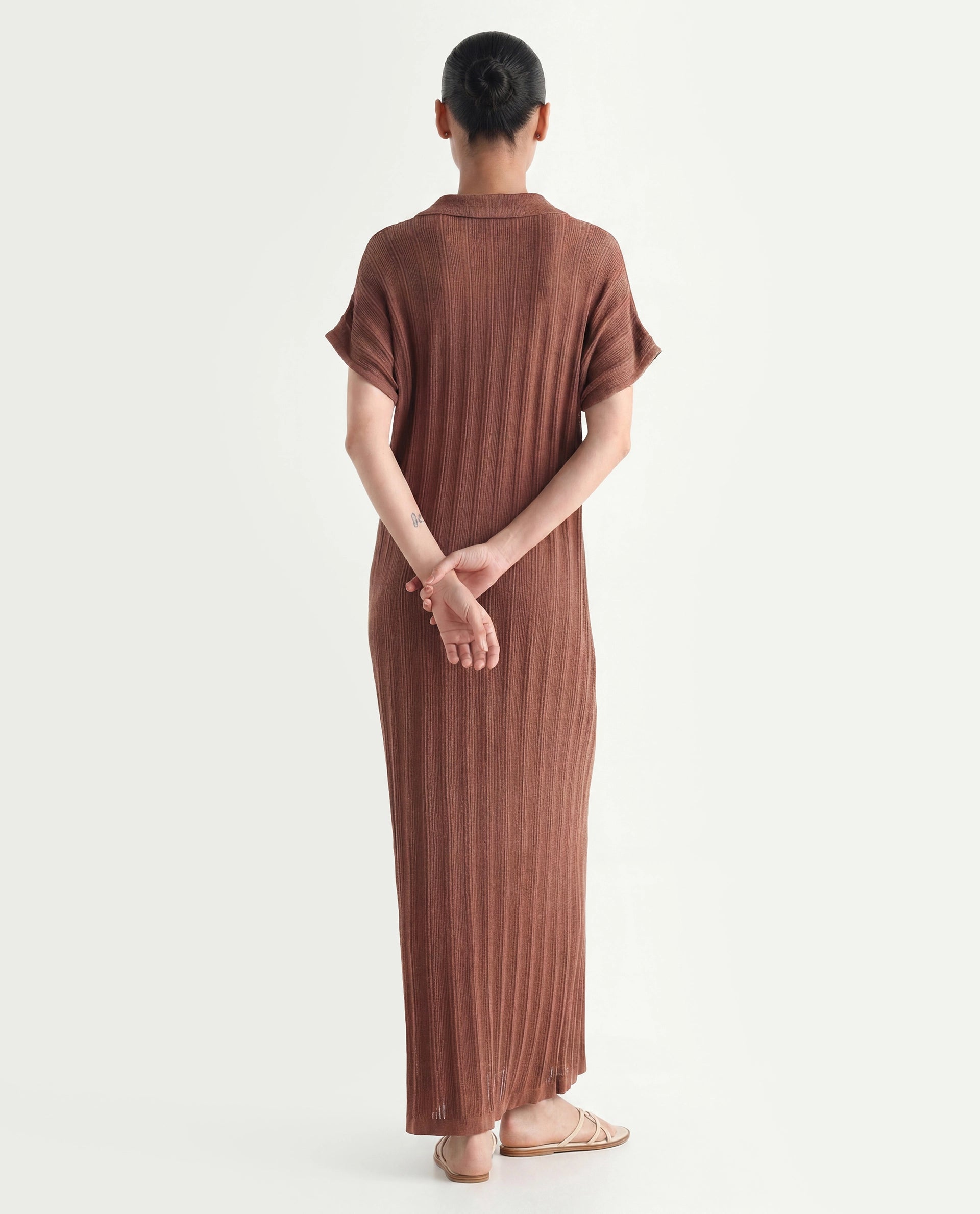 Rareism Women's Meyora Brown Cotton V-Neck Striped Maxi Relaxed Fit Dress