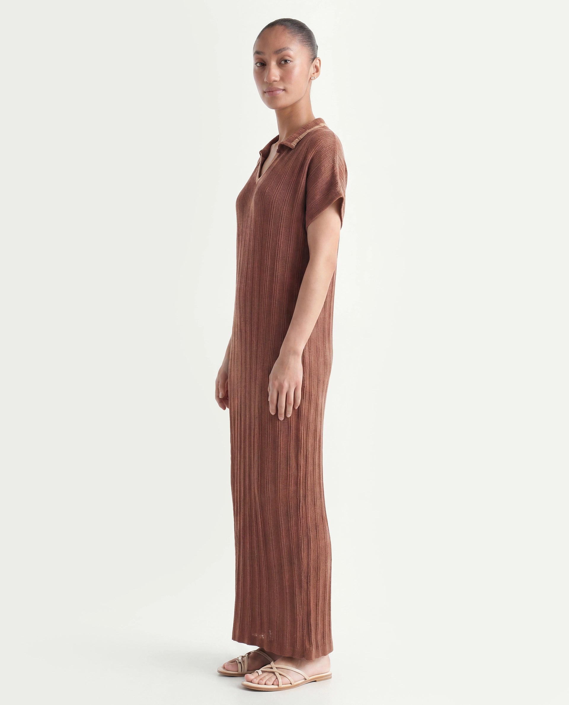 Rareism Women's Meyora Brown Cotton V-Neck Striped Maxi Relaxed Fit Dress