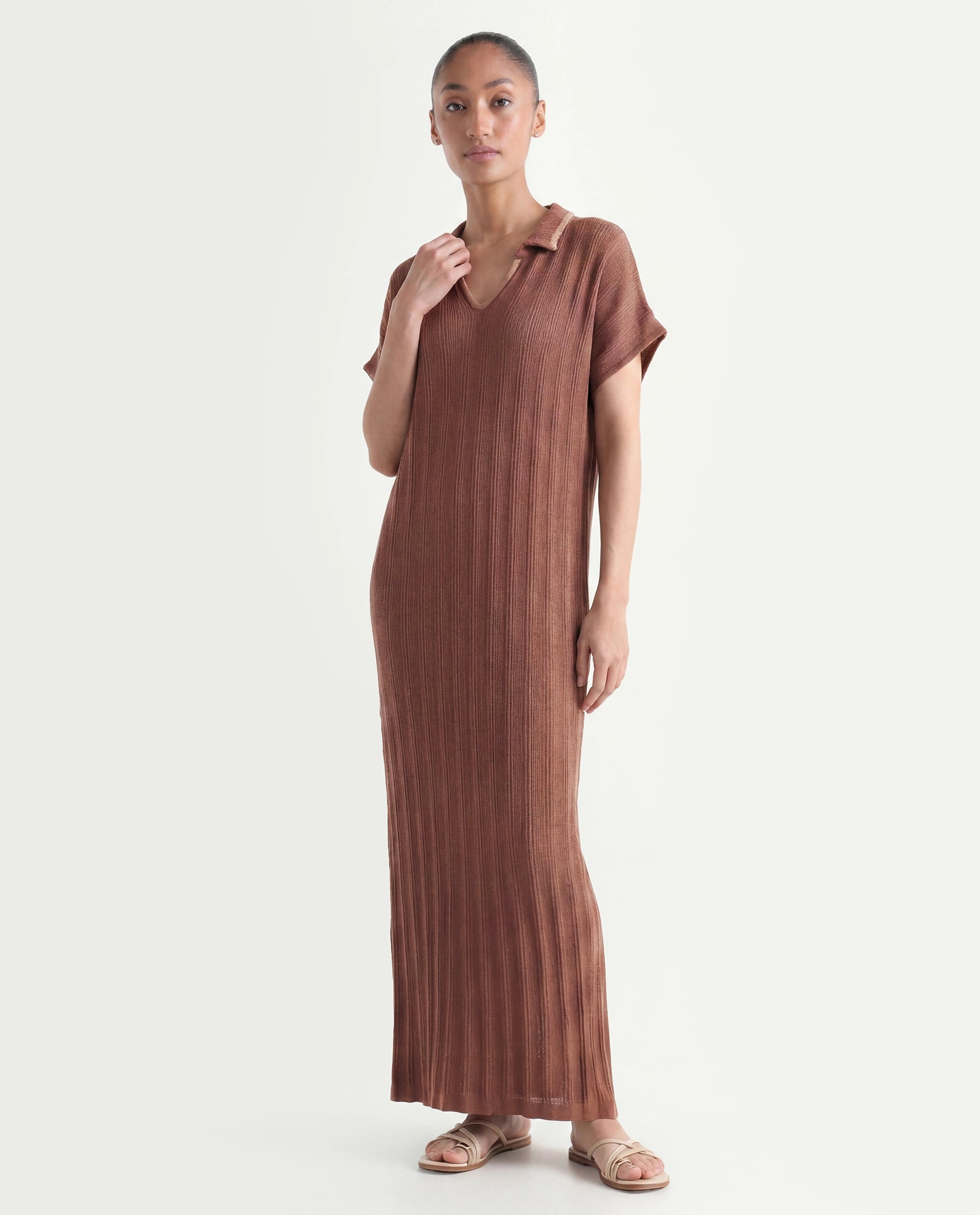 Rareism Women's Meyora Brown Cotton V-Neck Striped Maxi Relaxed Fit Dress