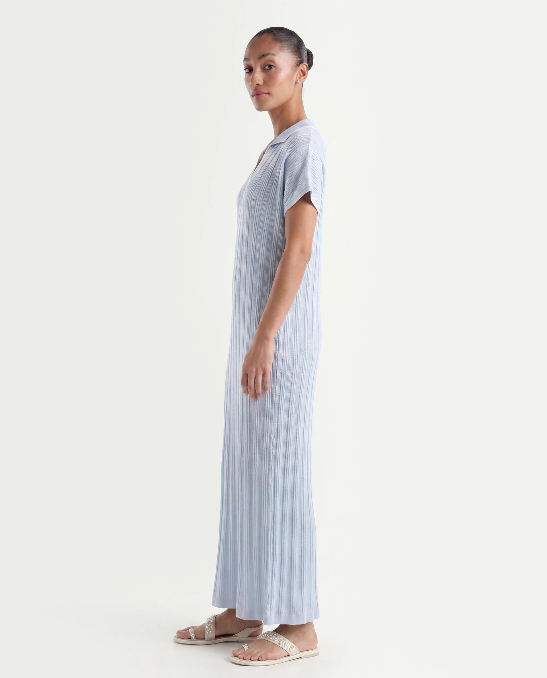 Rareism Women's Meyora Light Blue Cotton Johnny Collar Plain Extended Sleeves Maxi Bodycon Dress