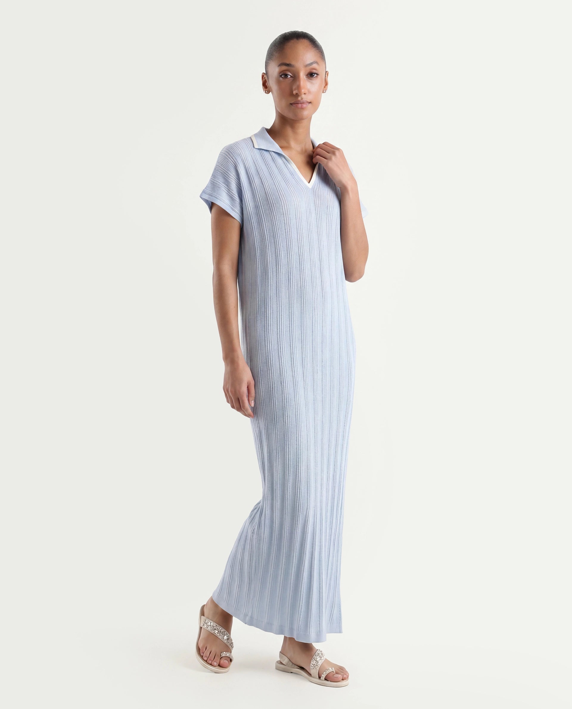Rareism Women's Meyora Light Blue Cotton Johnny Collar Plain Extended Sleeves Maxi Bodycon Dress