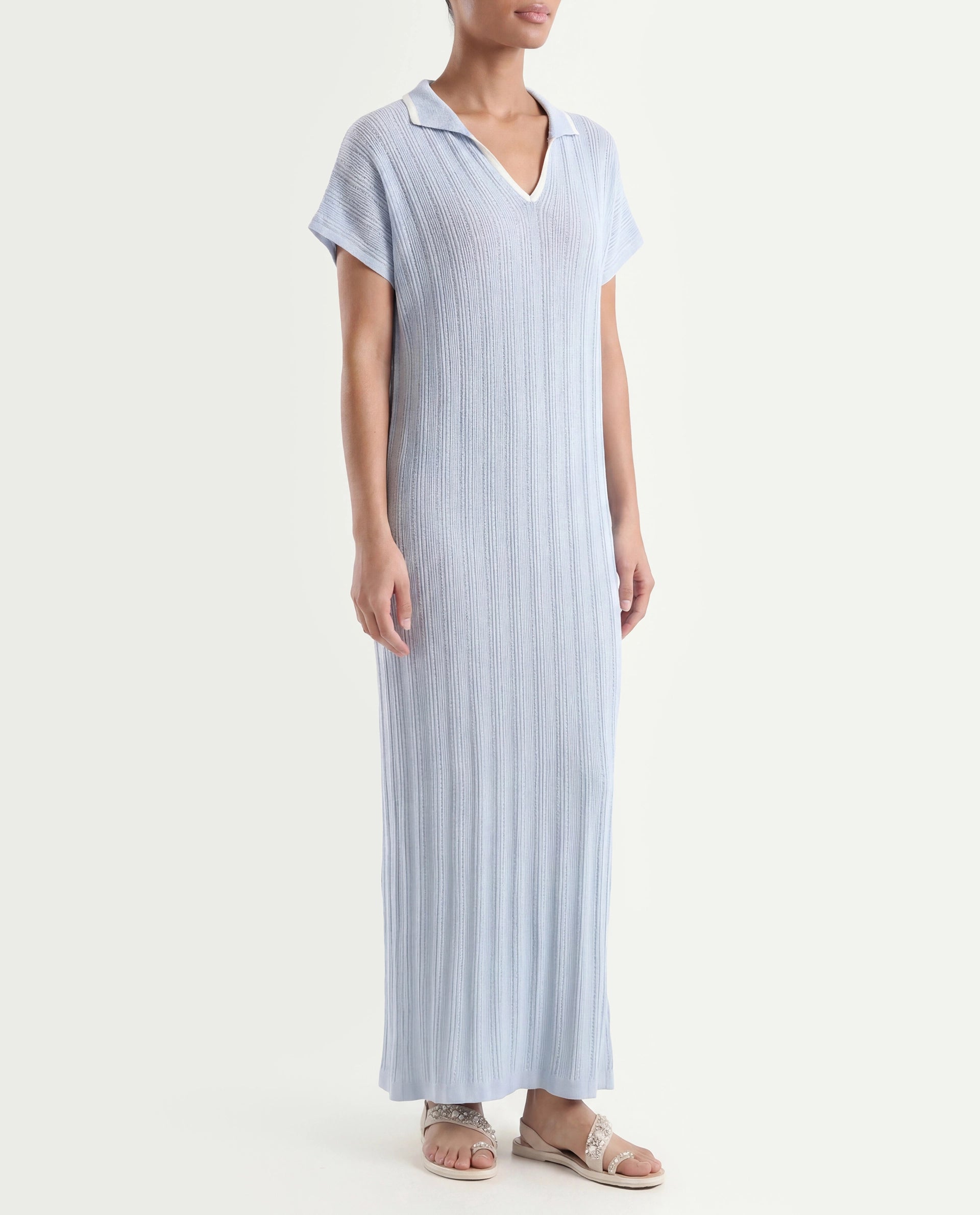 Rareism Women's Meyora Light Blue Cotton Johnny Collar Plain Extended Sleeves Maxi Bodycon Dress