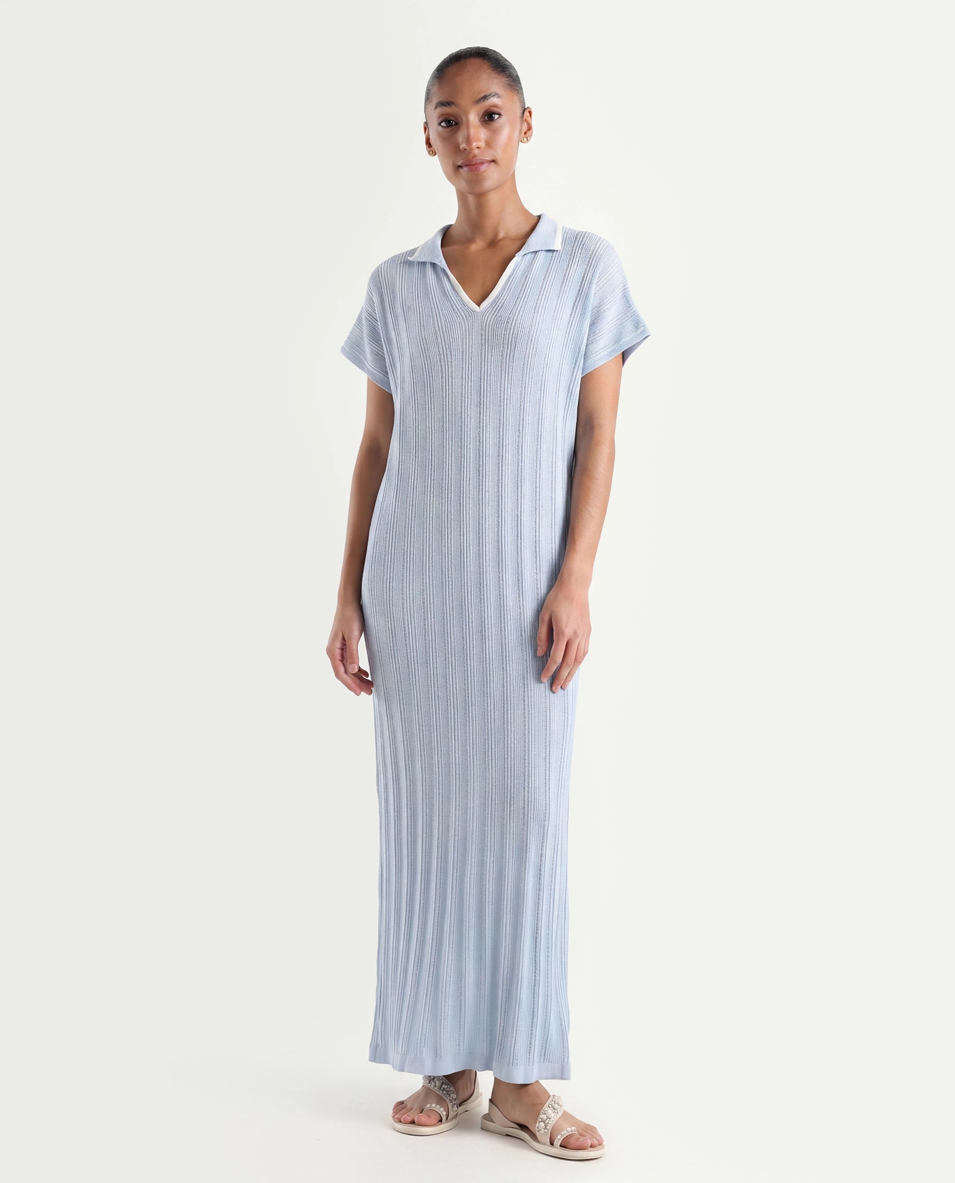 Rareism Women's Meyora Light Blue Cotton Johnny Collar Plain Extended Sleeves Maxi Bodycon Dress