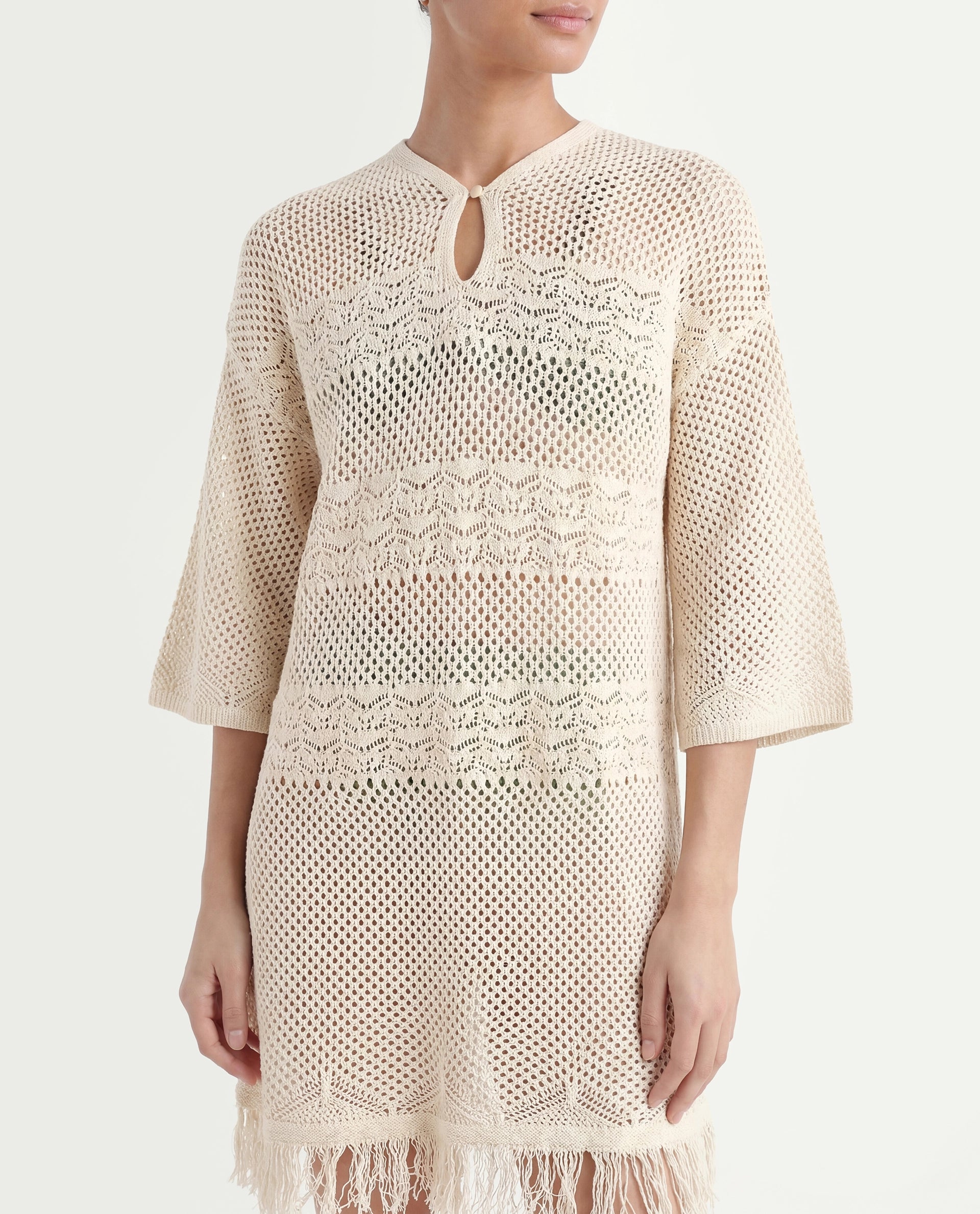 Rareism Women's Mitsuko Off White Cotton Key Hole Neck Plain Knee Length Relaxed Fit Dress