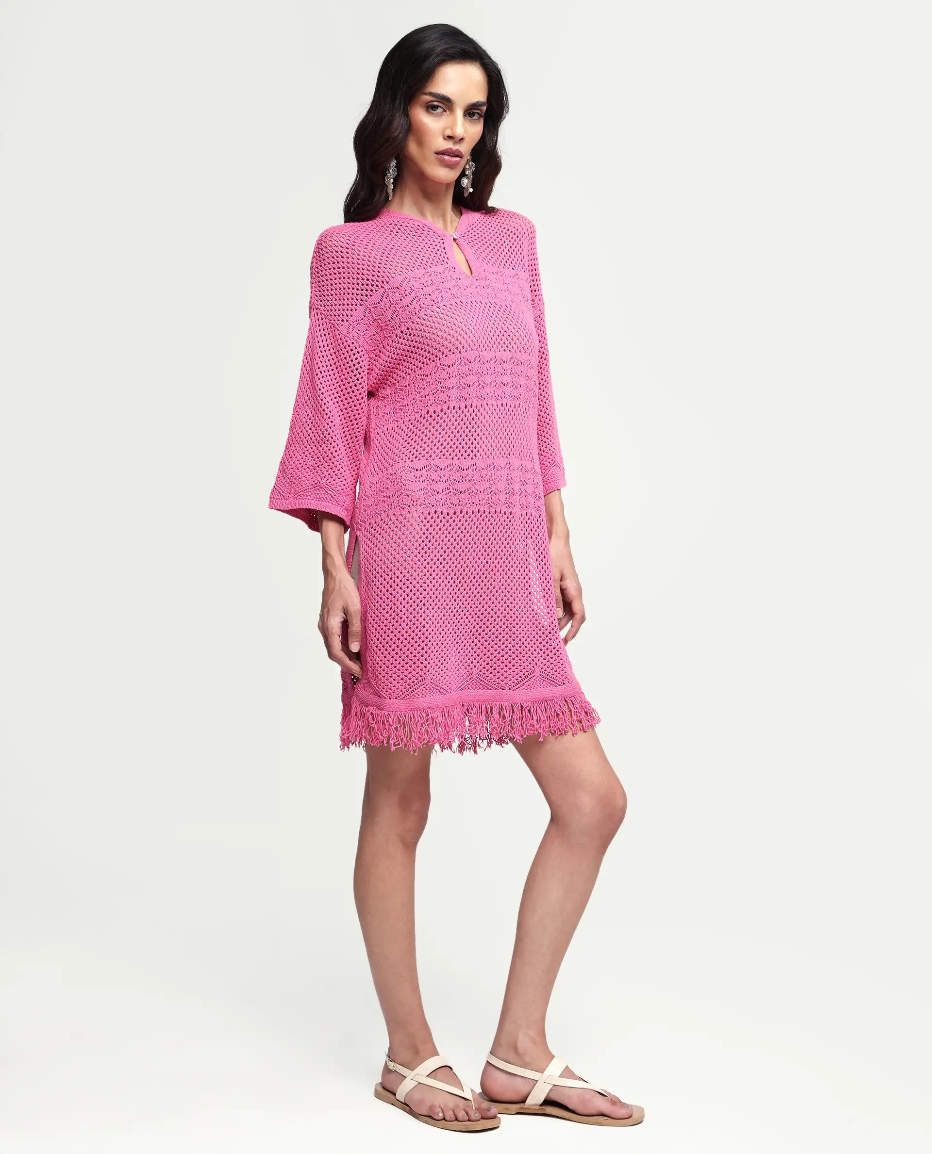 Rareism Women's Mitsuko Pink Cotton Key Hole Neck Plain Knee Length Relaxed Fit Dress