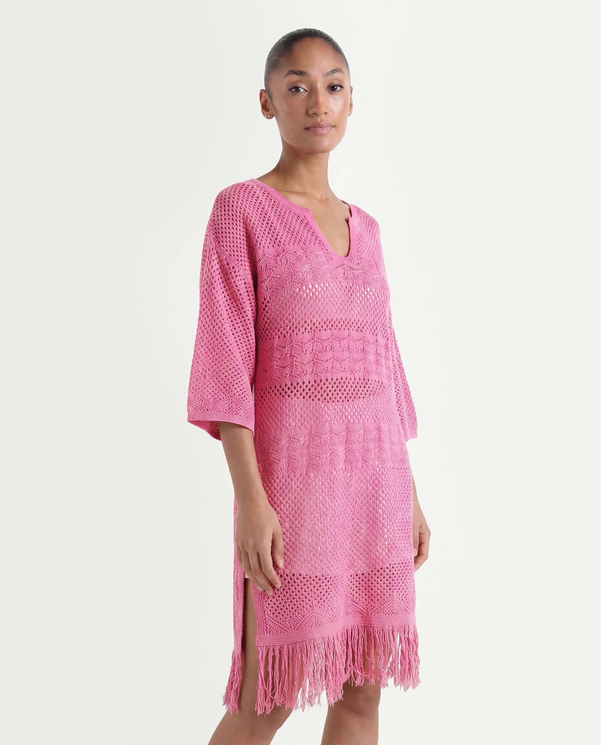Rareism Women's Mitsuko Pink Cotton Key Hole Neck Plain Knee Length Relaxed Fit Dress