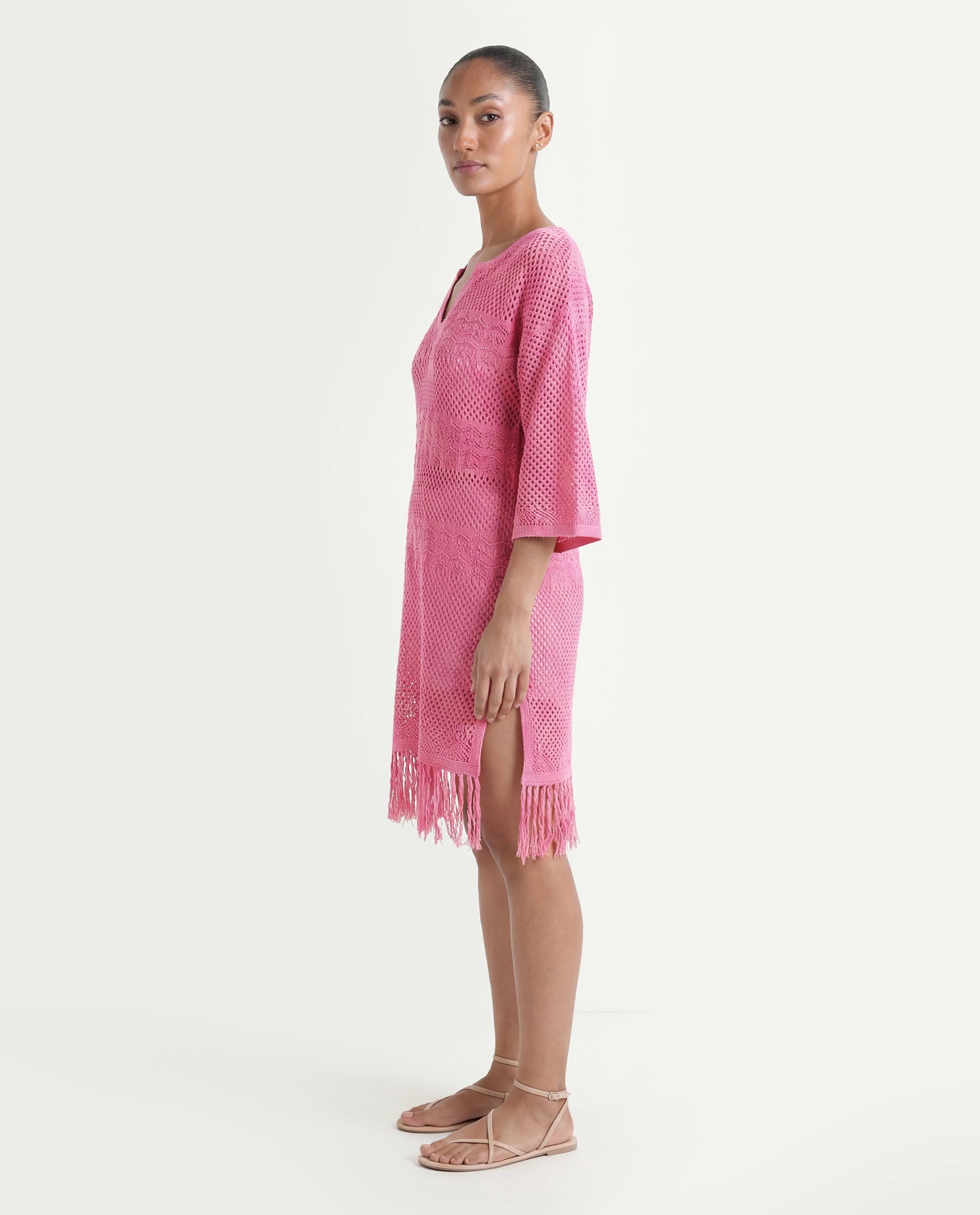 Rareism Women's Mitsuko Pink Cotton Key Hole Neck Plain Knee Length Relaxed Fit Dress