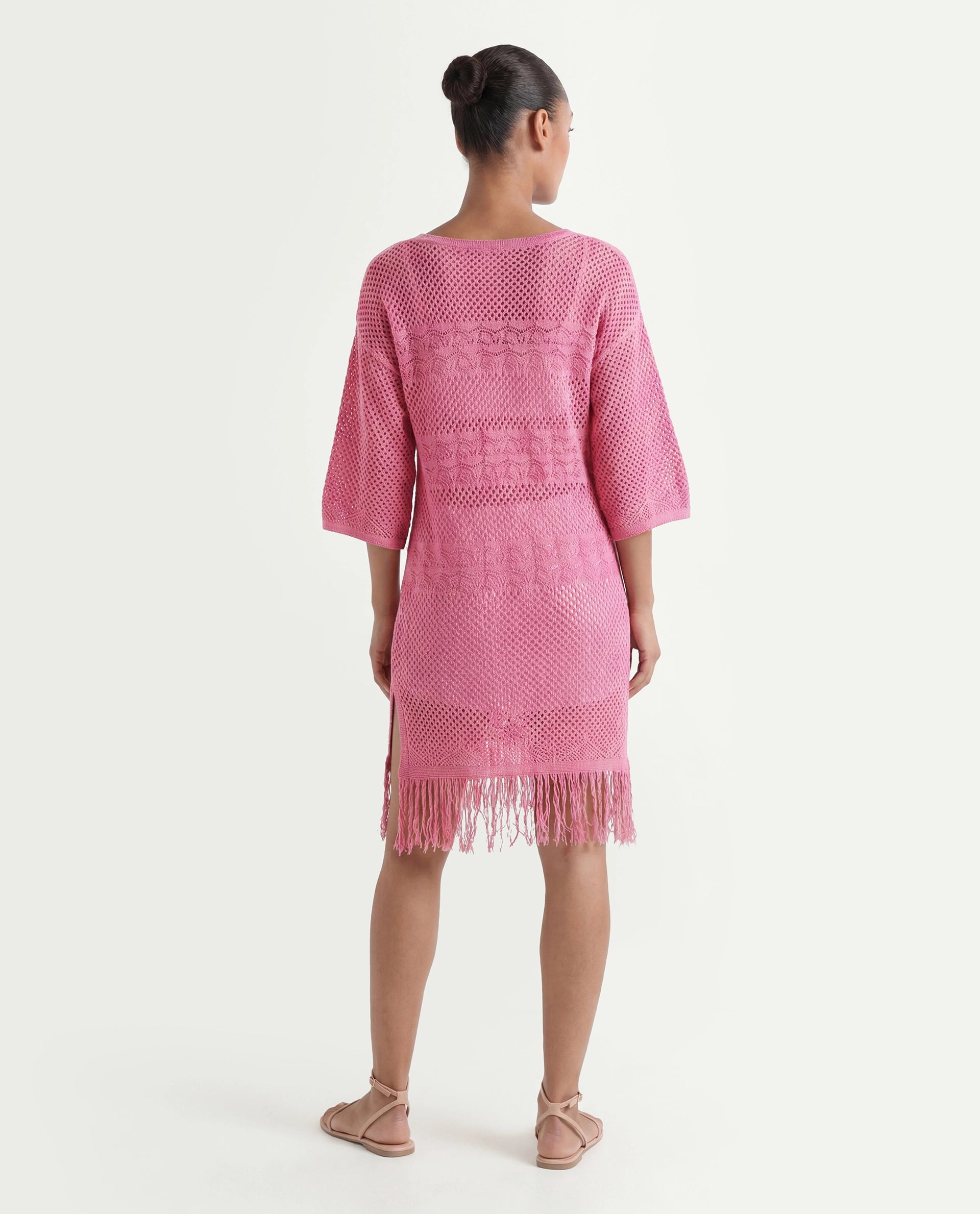 Rareism Women's Mitsuko Pink Cotton Key Hole Neck Plain Knee Length Relaxed Fit Dress