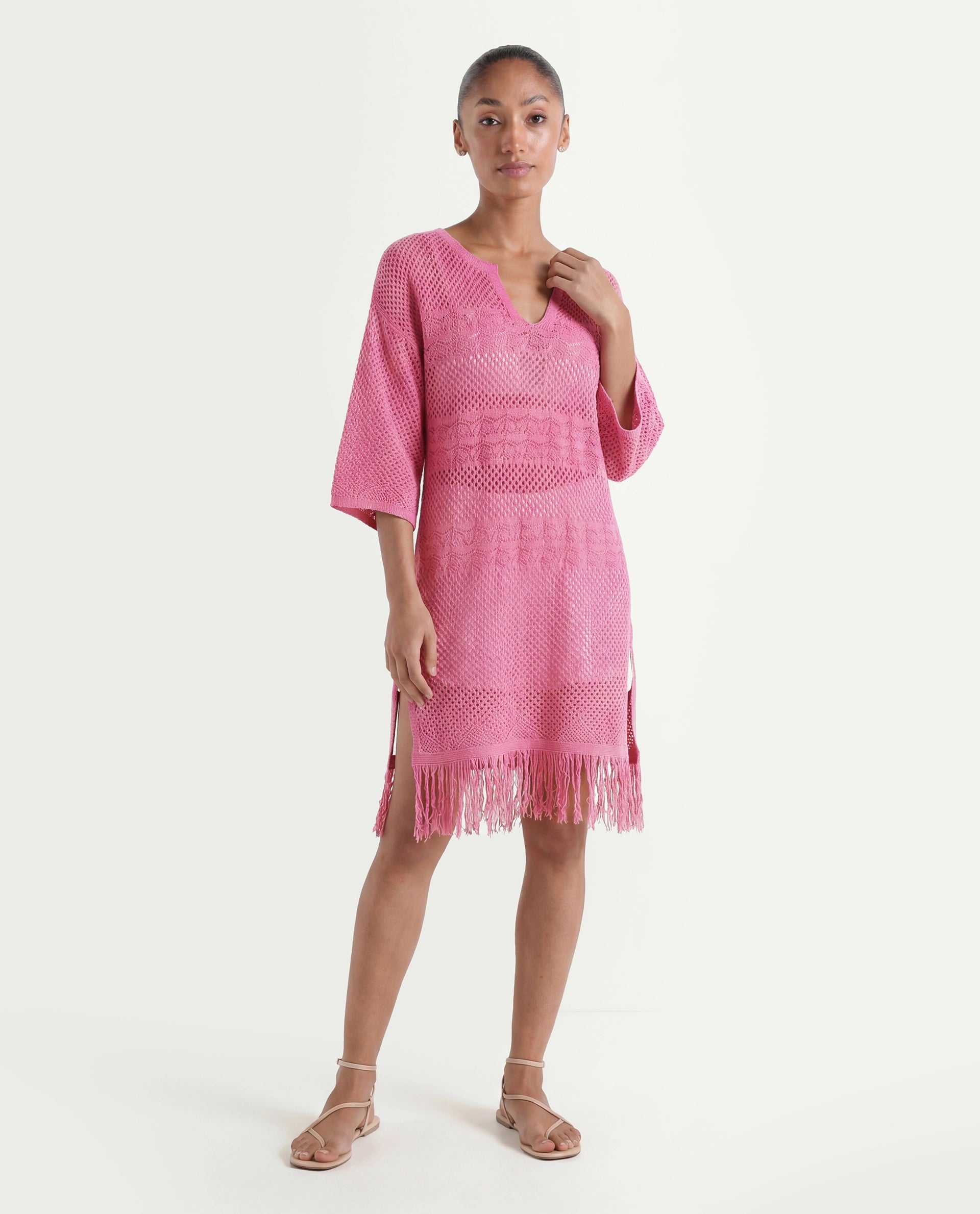 Rareism Women's Mitsuko Pink Cotton Key Hole Neck Plain Knee Length Relaxed Fit Dress
