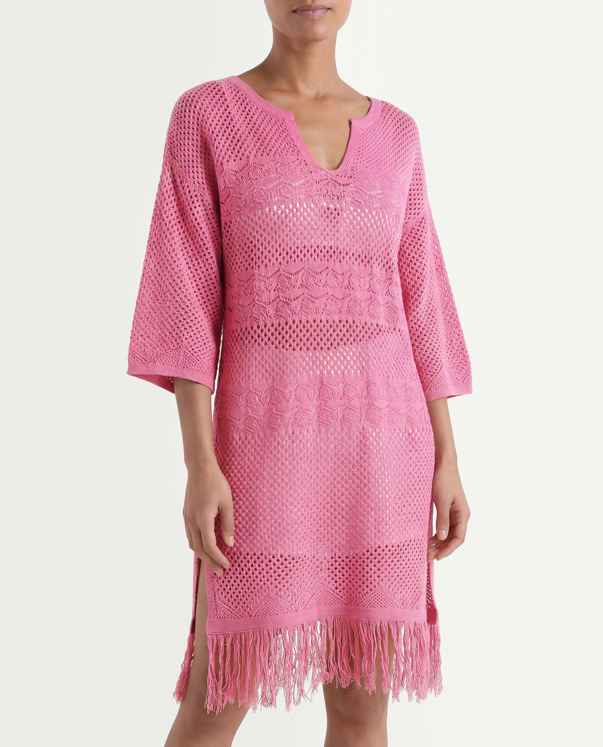 Rareism Women's Mitsuko Pink Cotton Key Hole Neck Plain Knee Length Relaxed Fit Dress