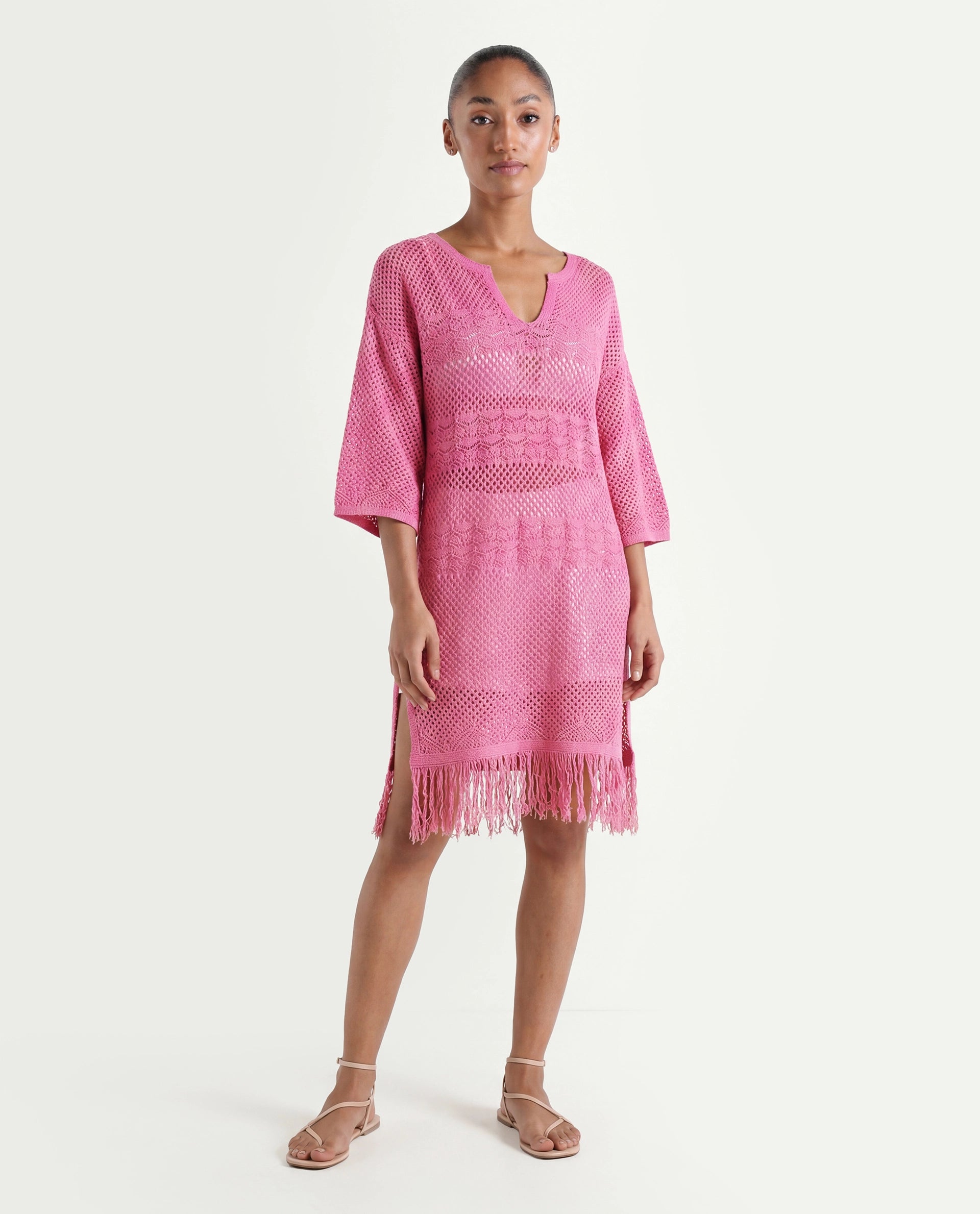 Rareism Women's Mitsuko Pink Cotton Key Hole Neck Plain Knee Length Relaxed Fit Dress