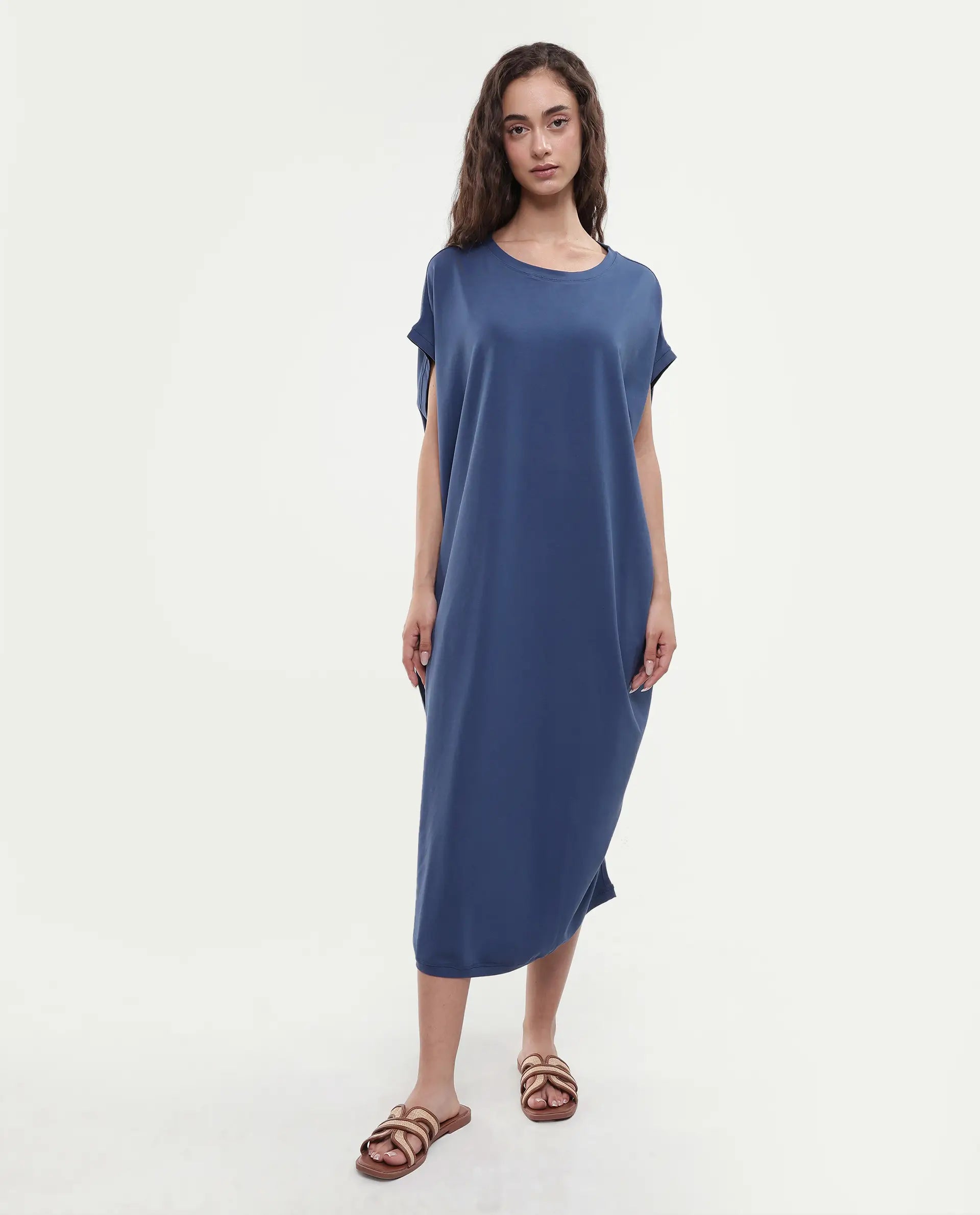 Rareism Women's Siriyo Dark Blue Cotton Crew Neck Plain Extended Sleeves Maxi Relaxed Fit Dress