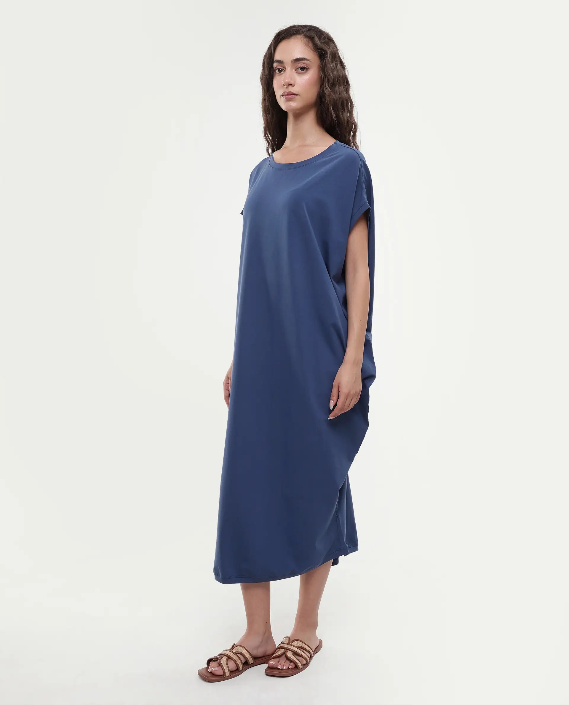 Rareism Women's Siriyo Dark Blue Cotton Crew Neck Plain Extended Sleeves Maxi Relaxed Fit Dress