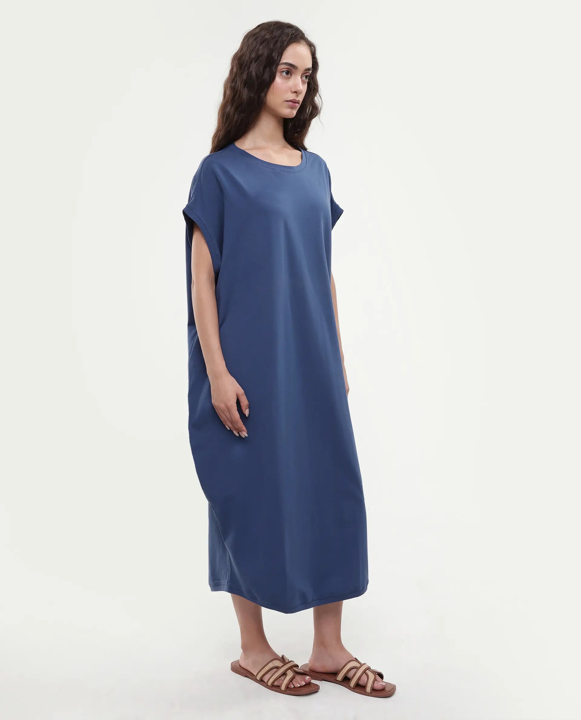 Rareism Women's Siriyo Dark Blue Cotton Crew Neck Plain Extended Sleeves Maxi Relaxed Fit Dress