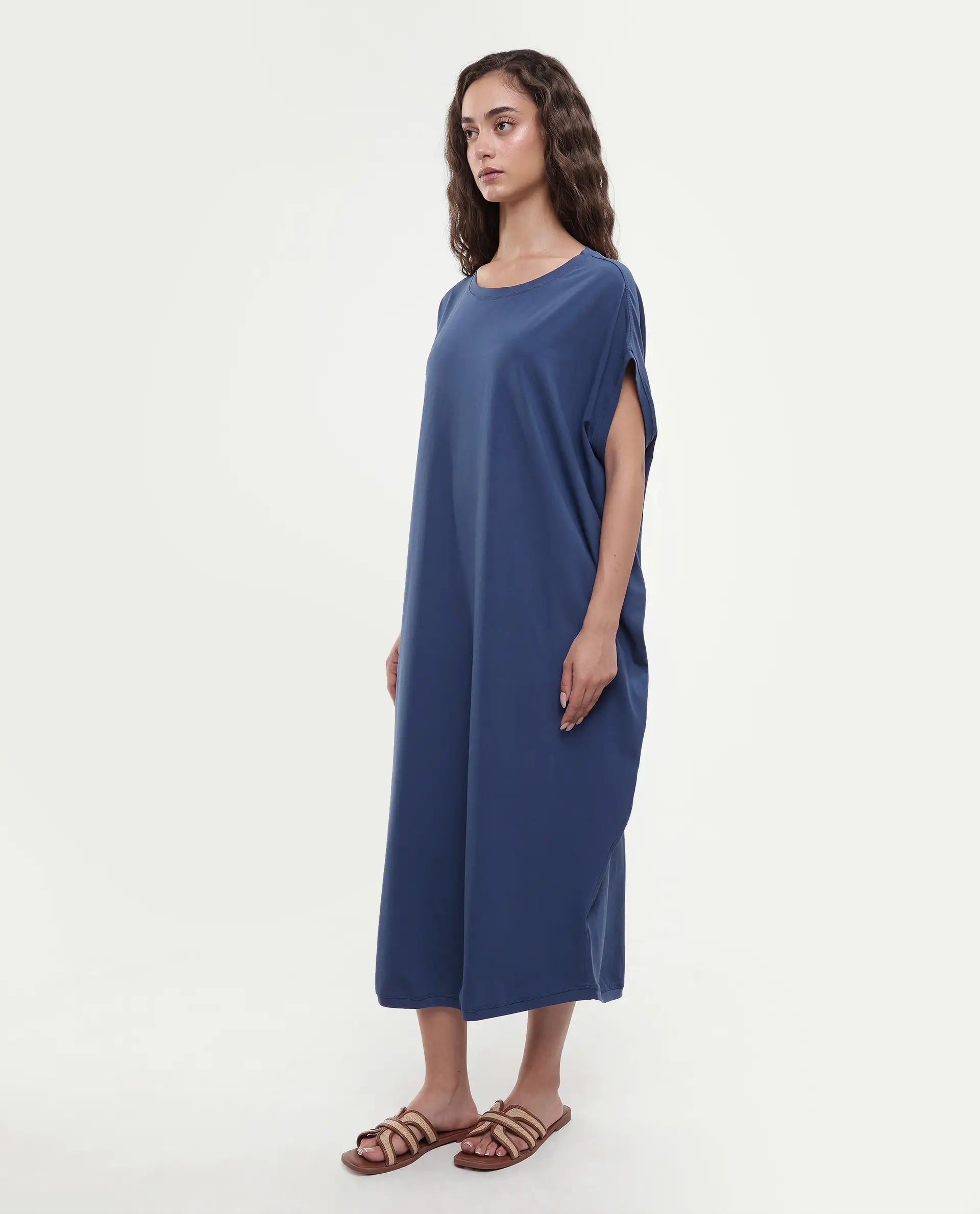 Rareism Women's Siriyo Dark Blue Cotton Crew Neck Plain Extended Sleeves Maxi Relaxed Fit Dress