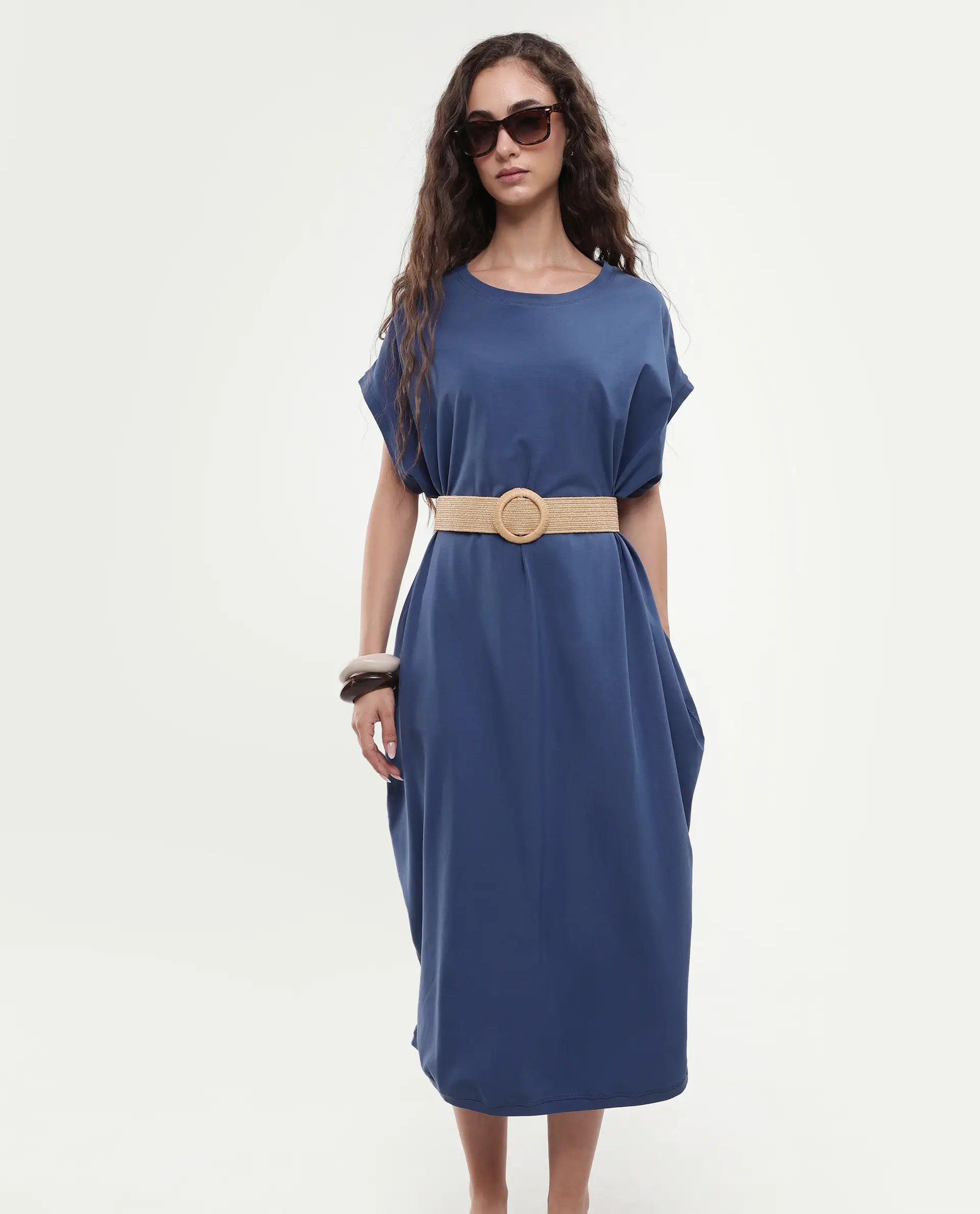 Rareism Women's Siriyo Dark Blue Cotton Crew Neck Plain Extended Sleeves Maxi Relaxed Fit Dress