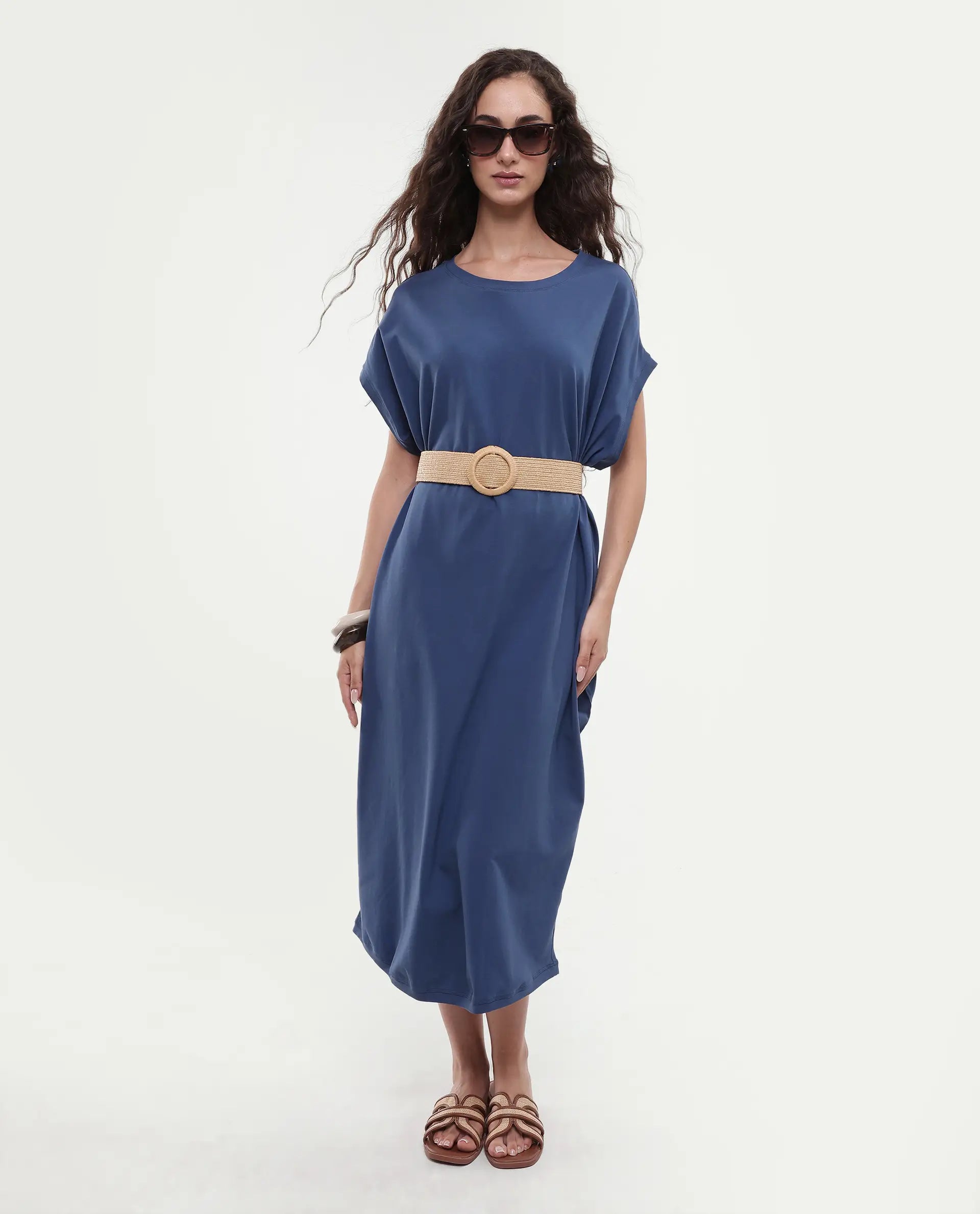 Rareism Women's Siriyo Dark Blue Cotton Crew Neck Plain Extended Sleeves Maxi Relaxed Fit Dress