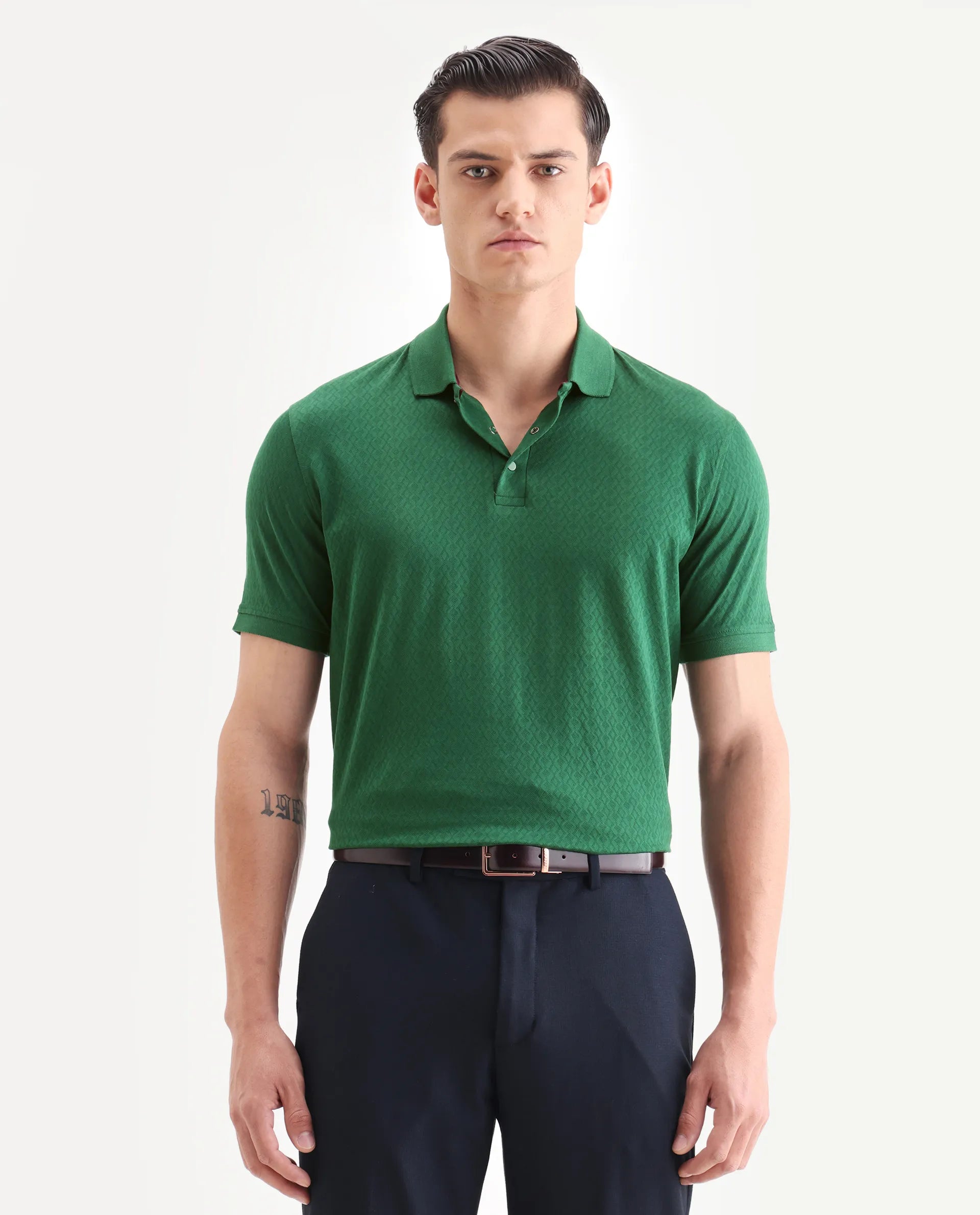Rare Rabbit Men's Dafo Green Cotton Jacquard Regular Fit Half Sleeve Polo